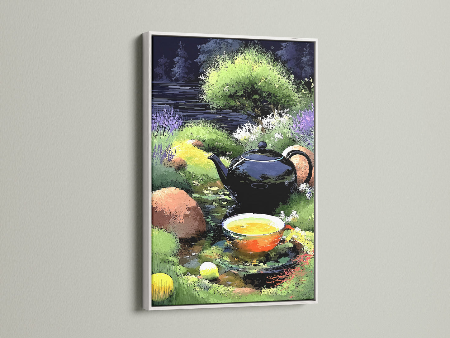 Brighten your walls with the Tea Time Canvas Print showcased in a white frame. This botanical art piece adds a fresh touch to kitchen artwork and dining spaces. The calming wall art features a tea kettle and cup in a garden setting. Perfect for renters and homeowners seeking nature-inspired decor.