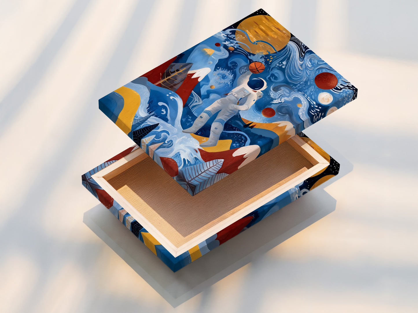 The image showcases a stretched canvas print. The artwork features an astronaut playing basketball. This modern art piece is perfect for adding a cool focal point. It is ideal for kids rooms teen rooms or nurseries. It adds a playful touch.