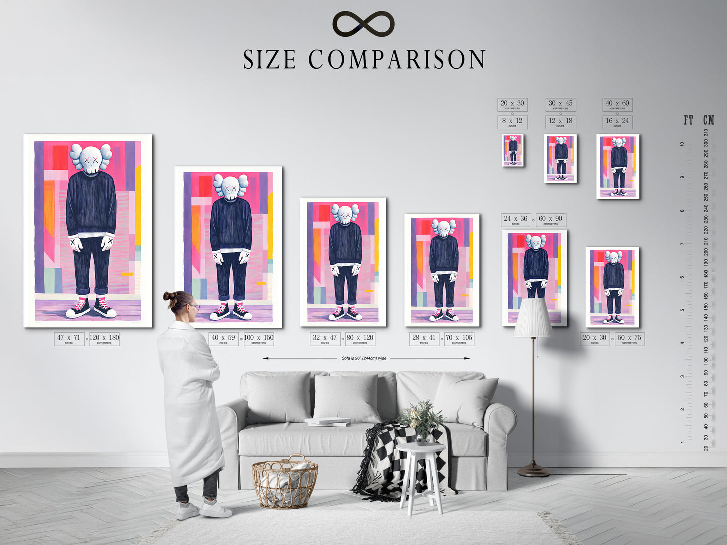 A size comparison chart is displayed in an interior setting. This helps visualize the artwork's dimensions. The chart shows how different sizes fit in a room. Get a clear idea of scale before you buy. Choose the perfect size for your space. This ensures the artwork complements your decor.