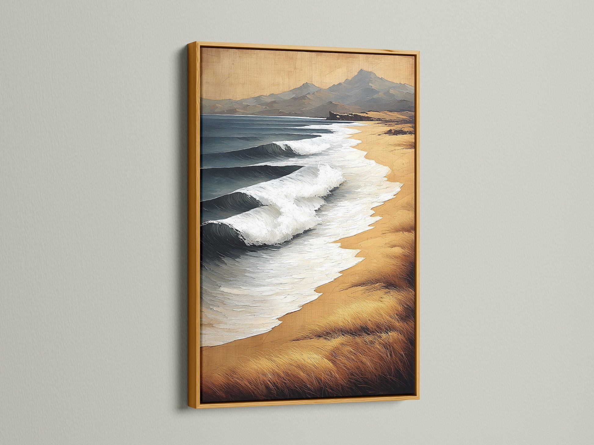 Enhance your decor with our elegant coastal artwork. The gold frame adds a touch of luxury to this beach canvas print. The neutral tone seascape artwork brings a warm feel to any room. Perfect for adding a sophisticated touch to your home. Bring the beauty of the beach indoors.