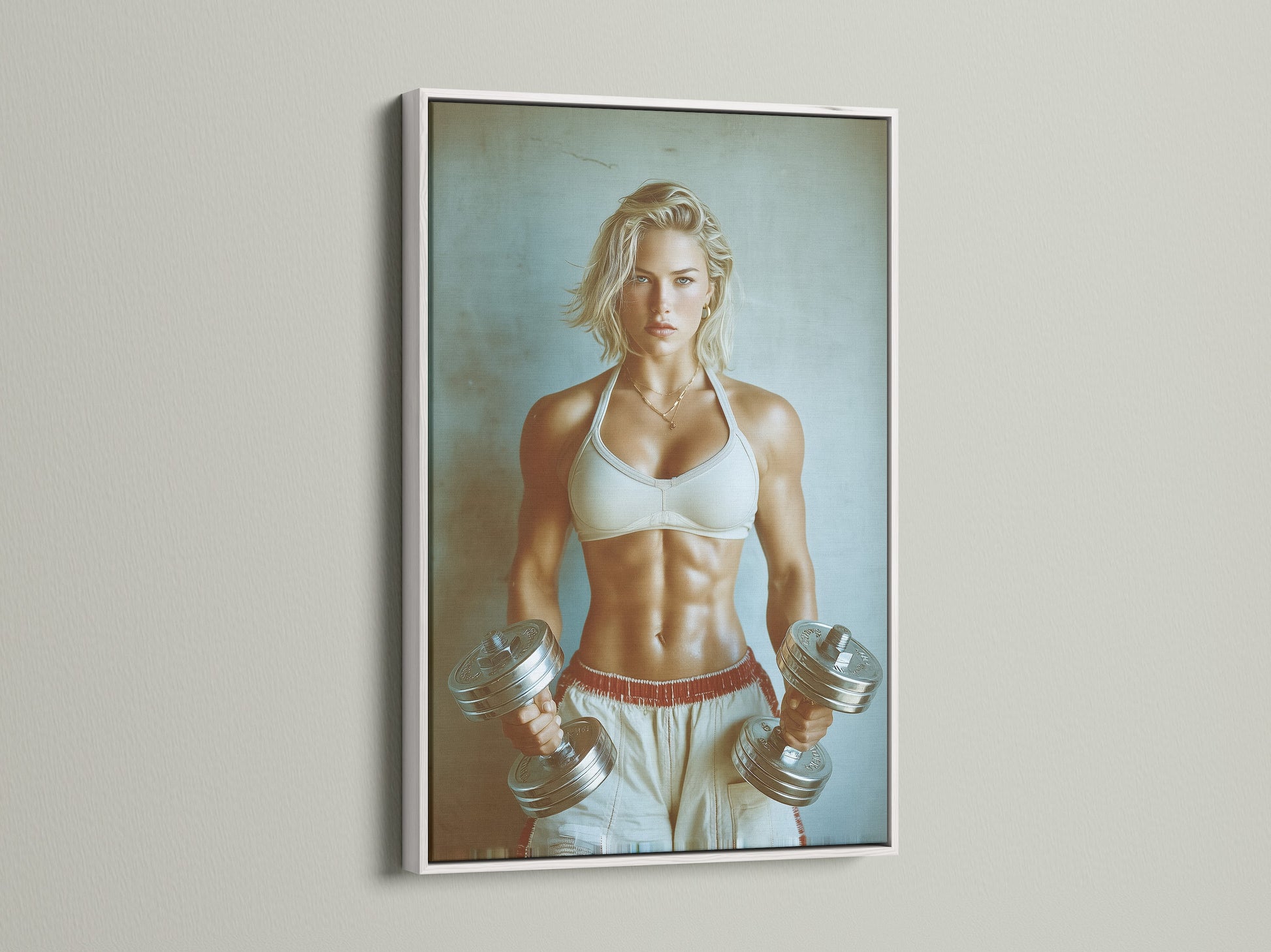 The Fitness Motivation Poster in a white frame. This artwork features a strong woman. The white frame provides a clean modern look. Ideal for fitness enthusiasts seeking workout inspiration for their home gym decor.