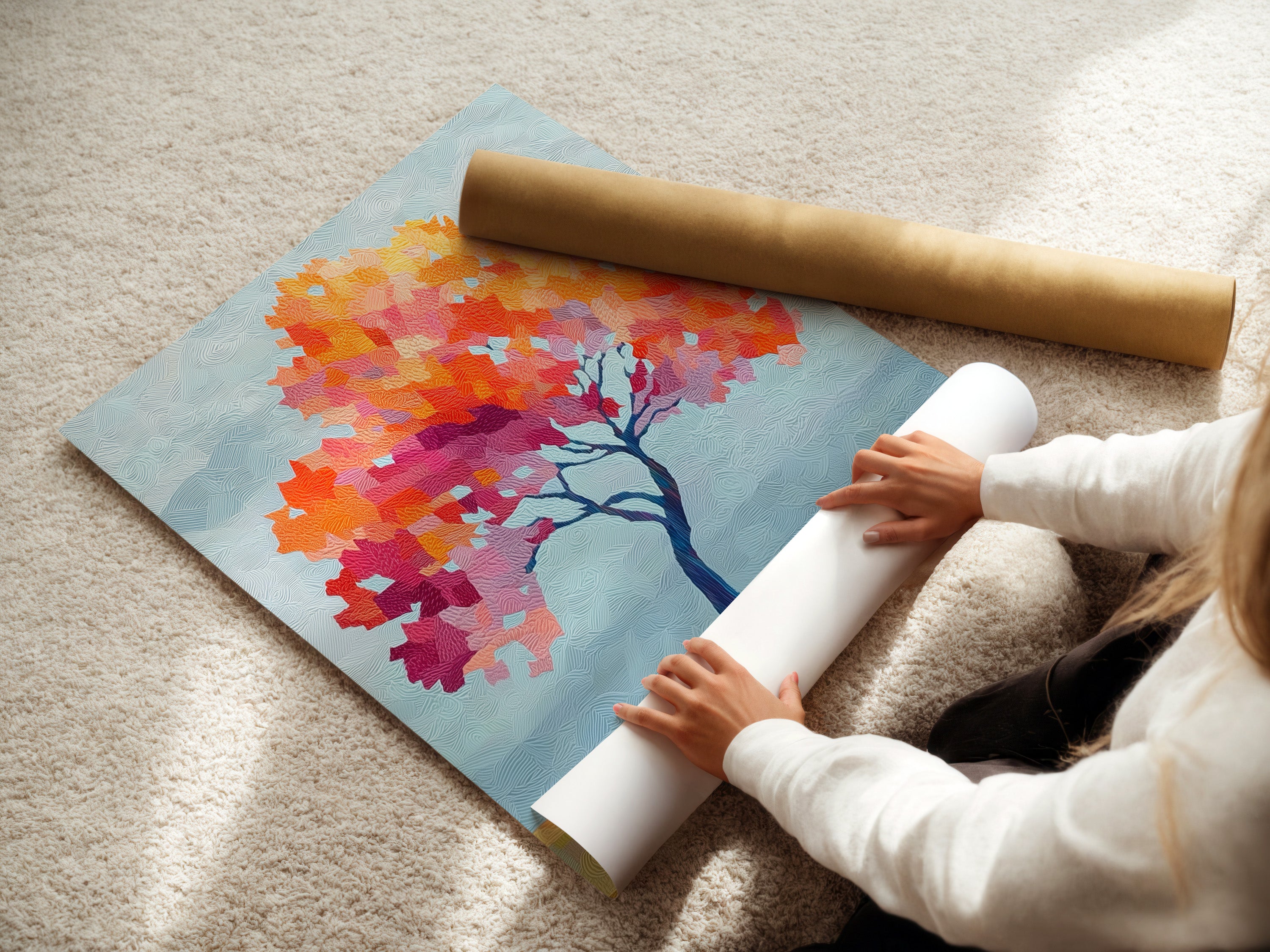 Woman rolling a fine art poster paper featuring the Autumn Tree artwork. The poster showcases vibrant fall colors. It's perfect for seasonal decor. This fine art poster adds a contemporary touch. It suits minimalist interiors.