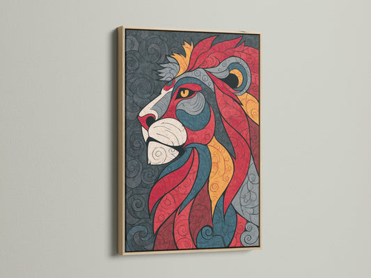 A colorful lion artwork is displayed in an oak frame. The frame enhances the artwork. It is a stylish addition to any home decor. The artwork is ready to hang. The oak frame complements the vibrant colors beautifully.