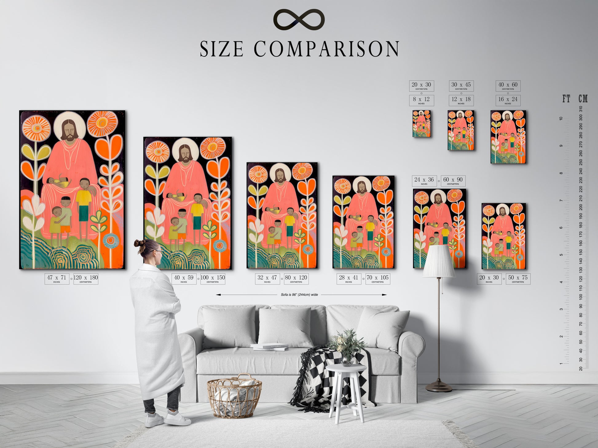 A size comparison chart is displayed in an interior setting. This shows how different art sizes look in a room. Use this guide to choose the perfect size for your space. Visualize the artwork before you buy. Plan your art arrangement today.