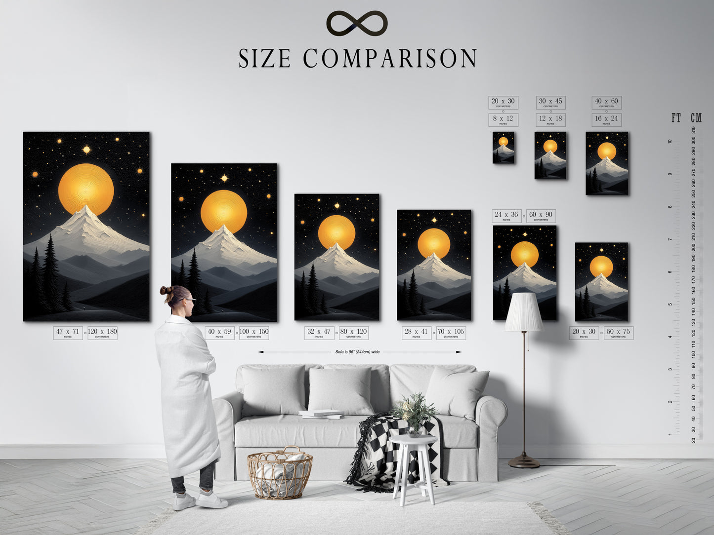 A size comparison chart displayed in an interior setting. See the various sizes available for the mountain moon canvas print. Find the perfect fit for your space. Ideal for creating stunning wall decoration in your bedroom or living room.