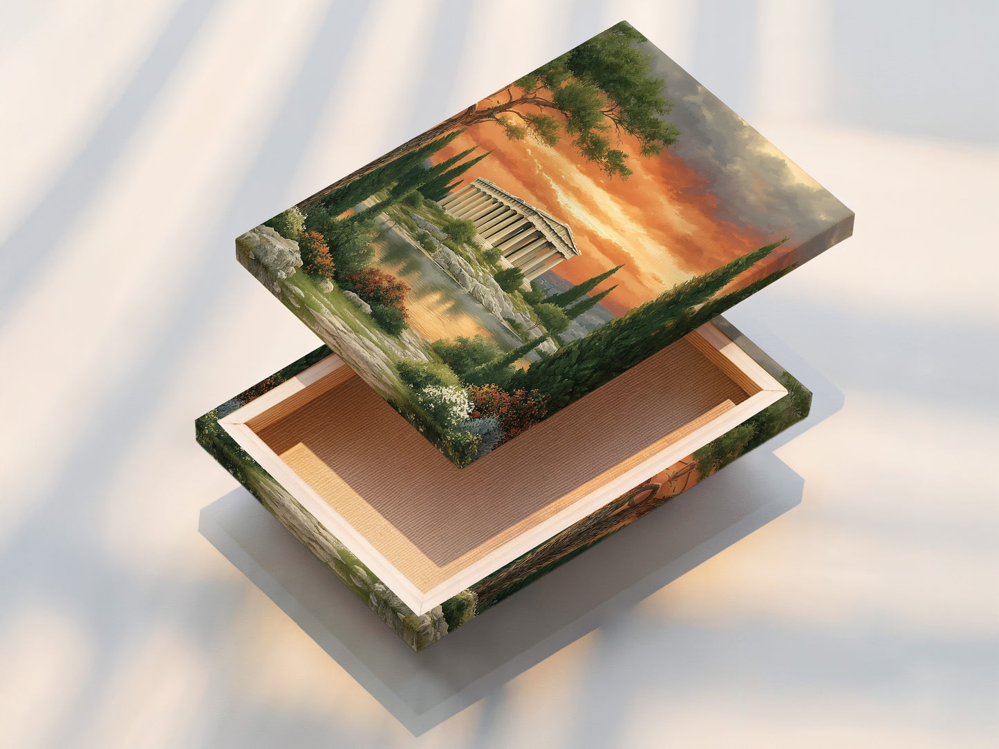 A stretched canvas print of the Greek Temple artwork. This classical piece is ready to hang and enhance any room. The Parthenon print is perfect for a sophisticated look. Add a touch of ancient Greece to your home or office. This stretched canvas is ideal for living rooms and offices.