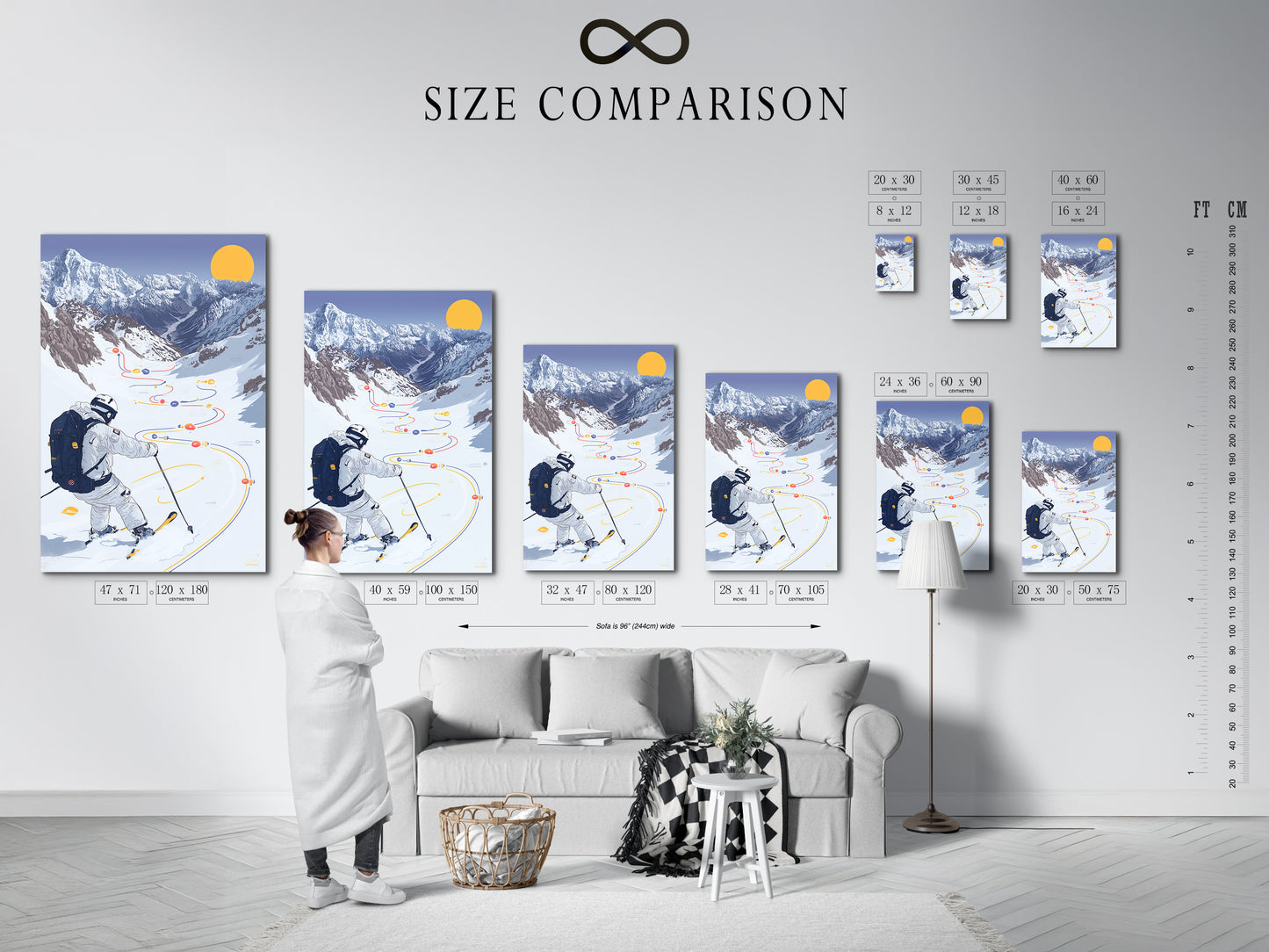 A size comparison chart in an interior setting. The chart displays various sizes of Skiing Mountain artwork. Perfect for visualizing how the artwork will fit in your space. The winter sport artwork is versatile and stylish. Choose the perfect size for your home or office. Enhance your decor with this stunning piece.