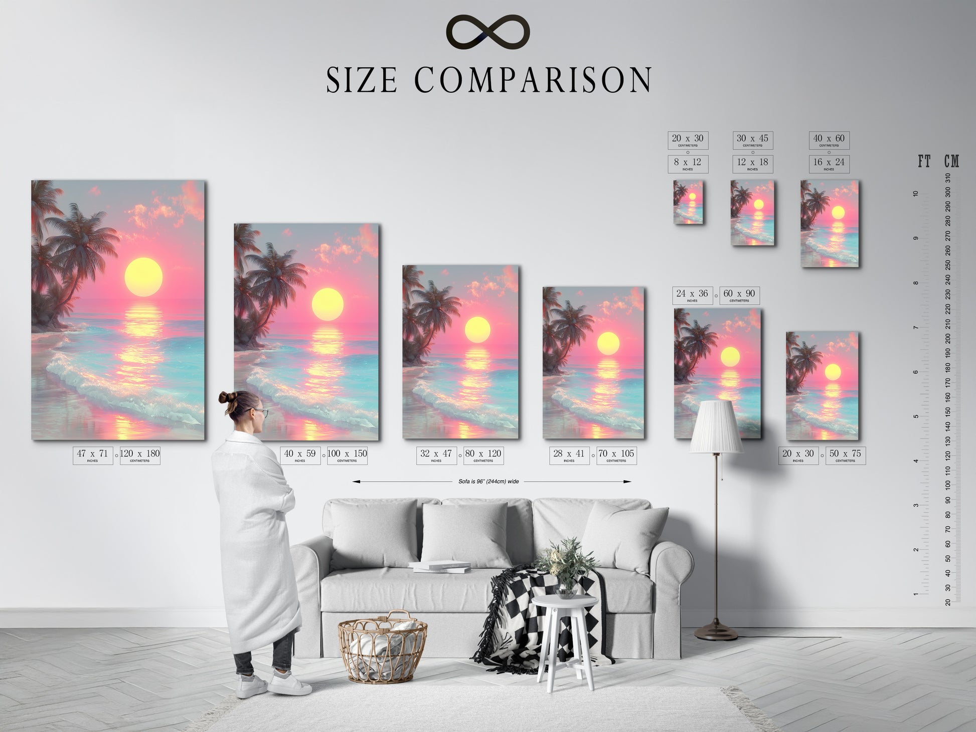 A size comparison chart displayed in an interior setting. The chart shows various sizes of framed art. Helps visualize the perfect size for your space. Find the ideal artwork dimensions for your home.