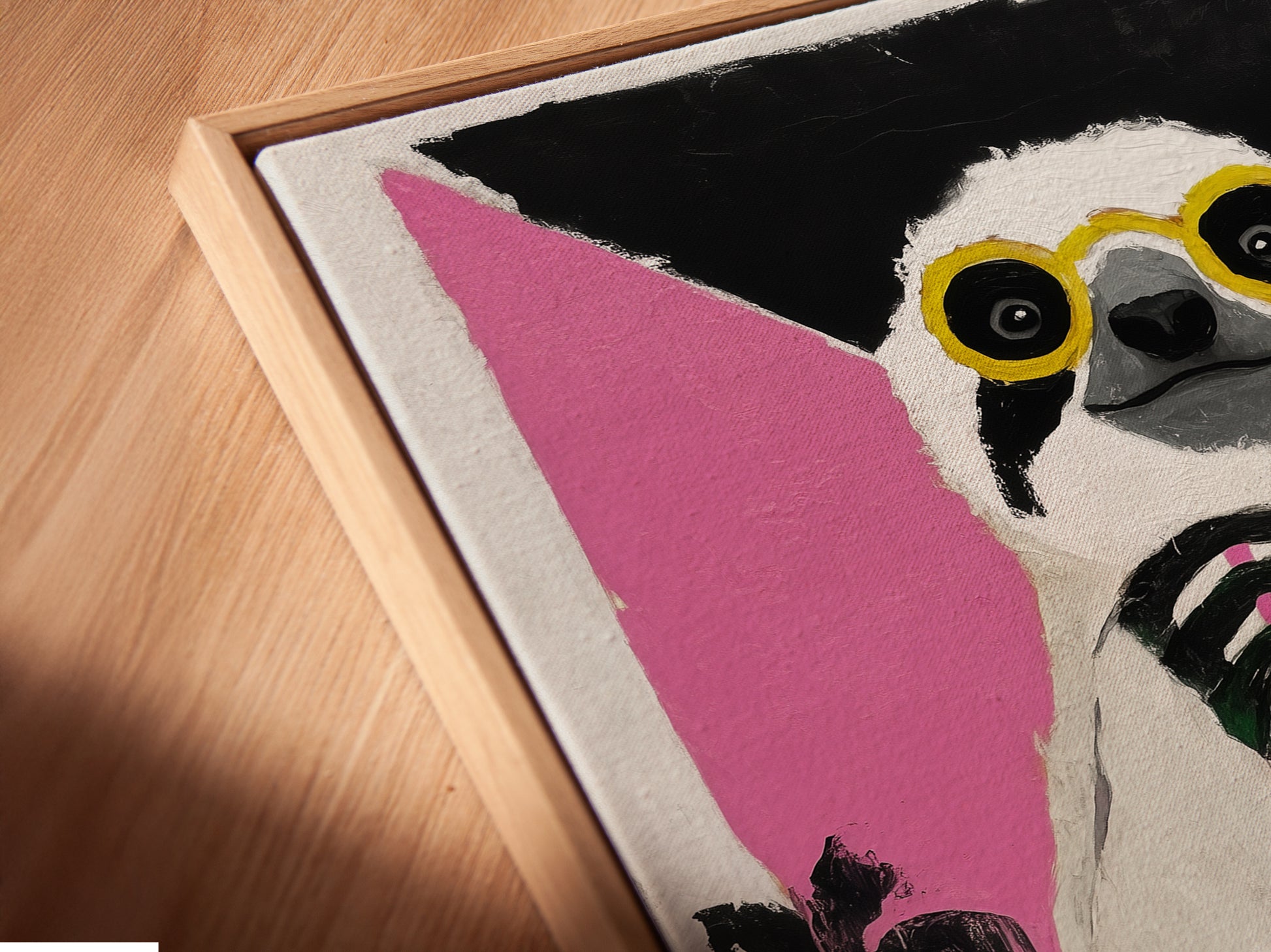 Close-up angled view of the canvas print in a floating frame. The Sloth Cocktail artwork is a fun tropical animal art piece. The floating frame gives a modern gallery-like look. It is perfect for any space.