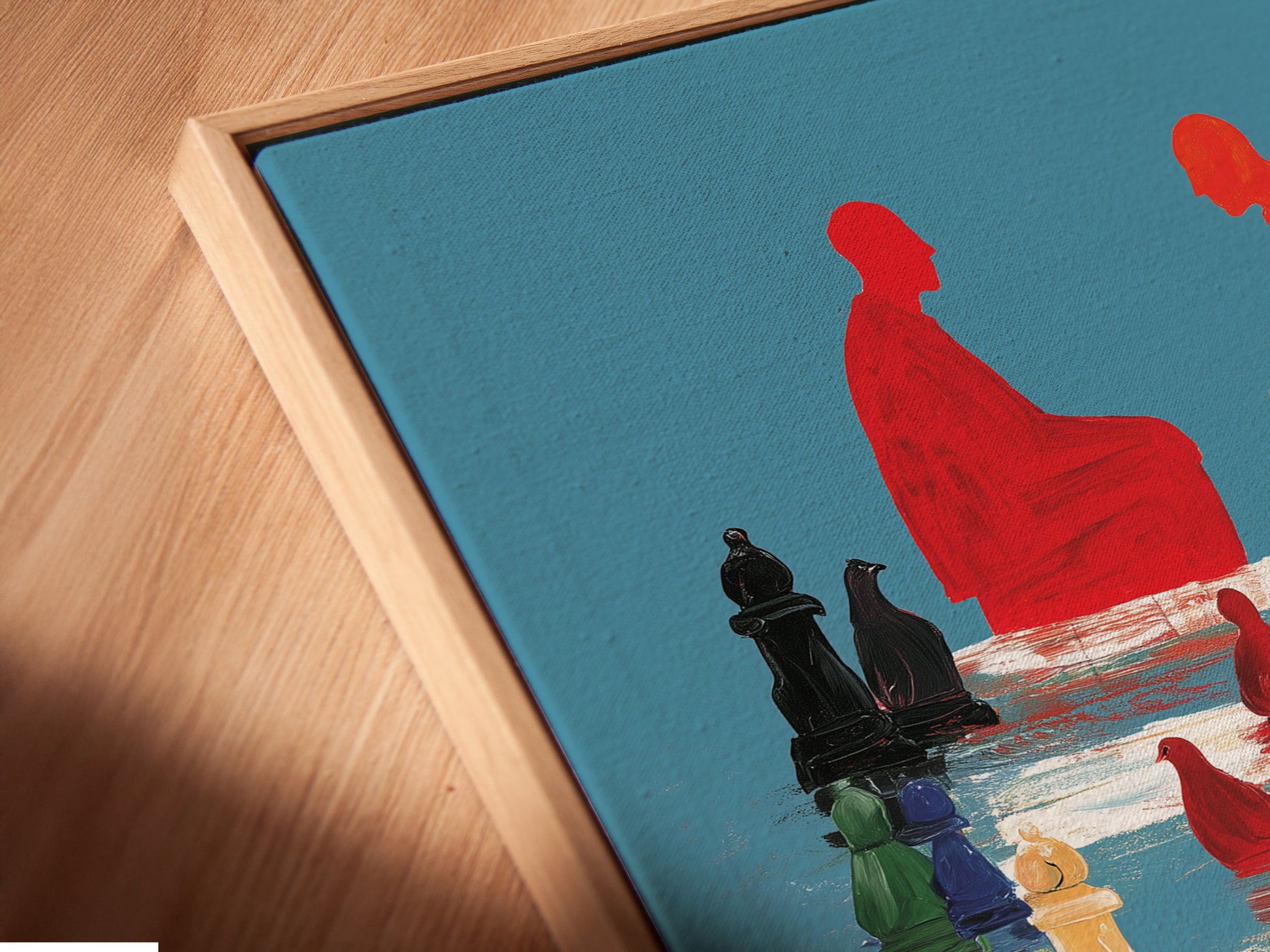 A close-up of a canvas print in a floating frame. The modern frame enhances the abstract figures. The teal and red hues create a visually appealing display. Ideal for office or home decor.