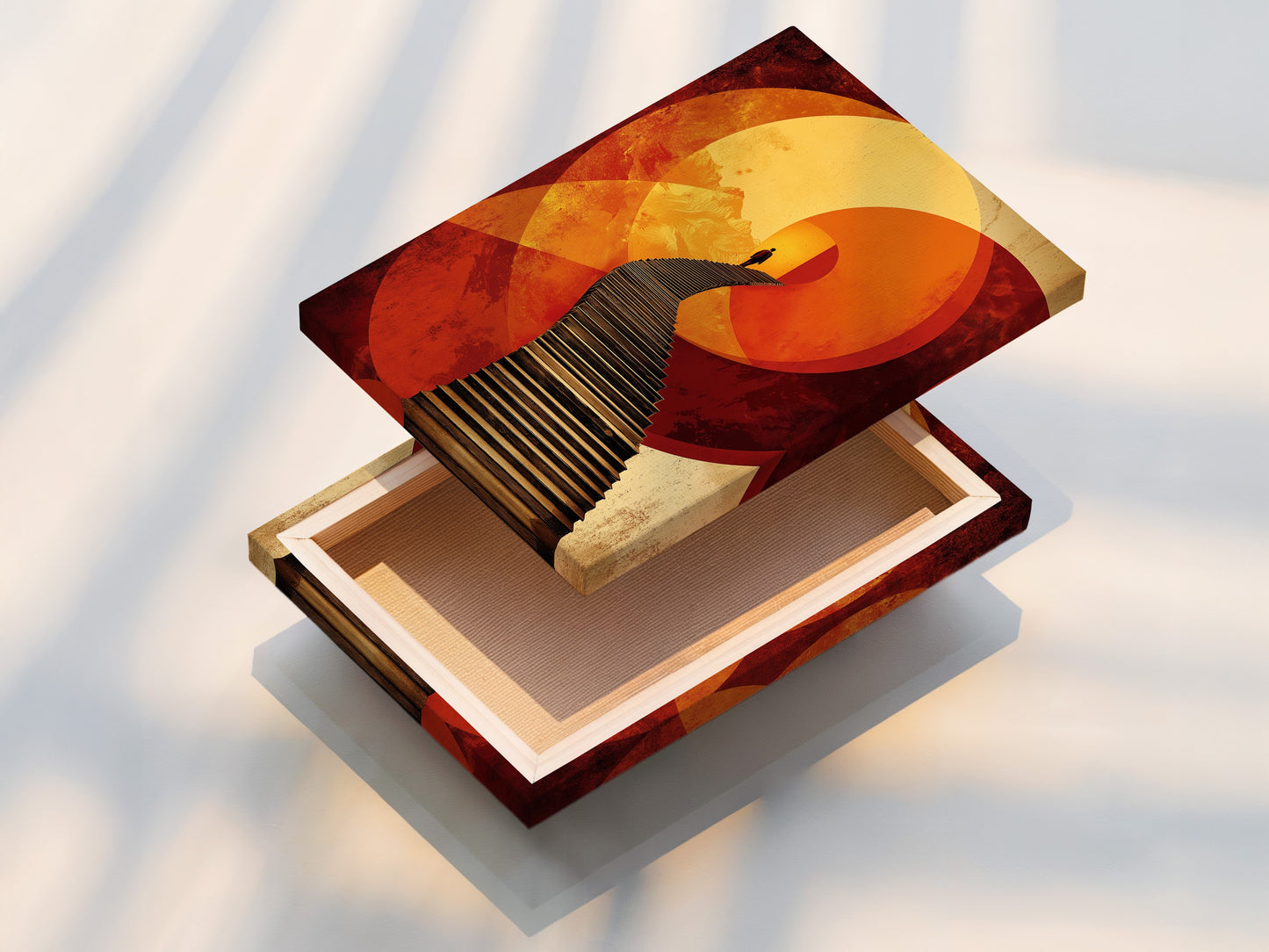 See the beauty of a stretched canvas print featuring the surreal stairway artwork. The abstract figure wall art pops. Geometric sunset poster provides depth. Ready to hang and elevate your modern art collection.