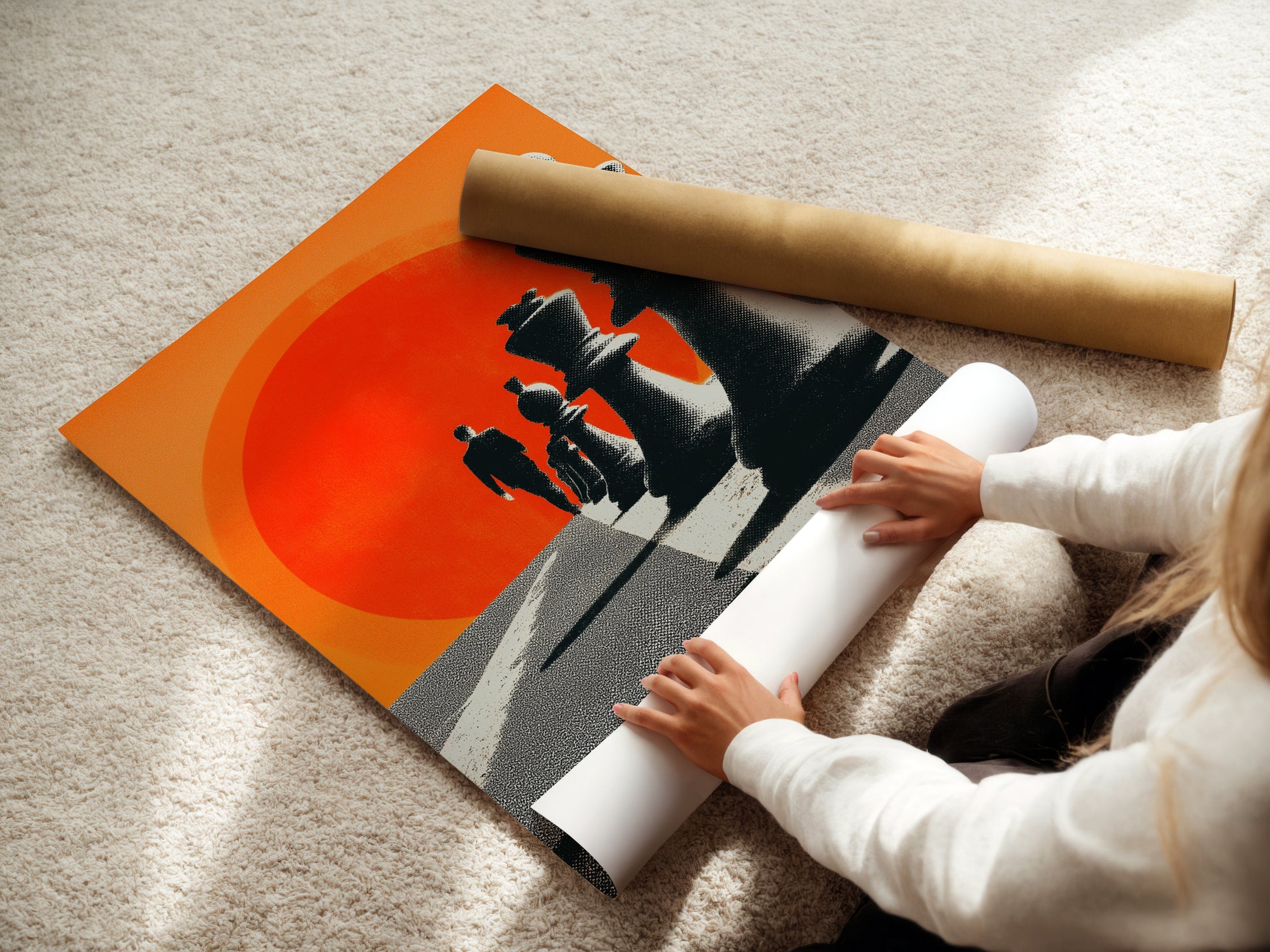 A woman carefully rolling a fine art poster paper. The poster is handled with care. This ensures its pristine condition. High-quality paper enhances the artwork. It is perfect for collectors and art enthusiasts. The woman protects the poster from damage.