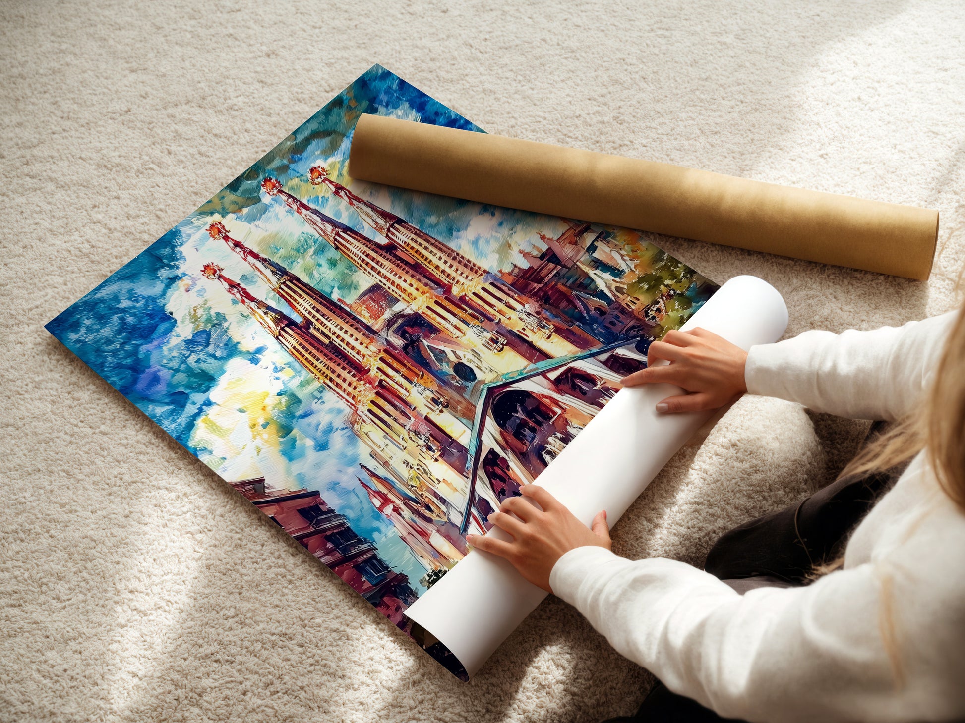 A woman rolling a Sagrada Familia fine art poster paper. The Barcelona wall art is ready for framing. This gothic cathedral artwork is perfect for adding a touch of Spain to any room. Elevate your space with this architectural print.