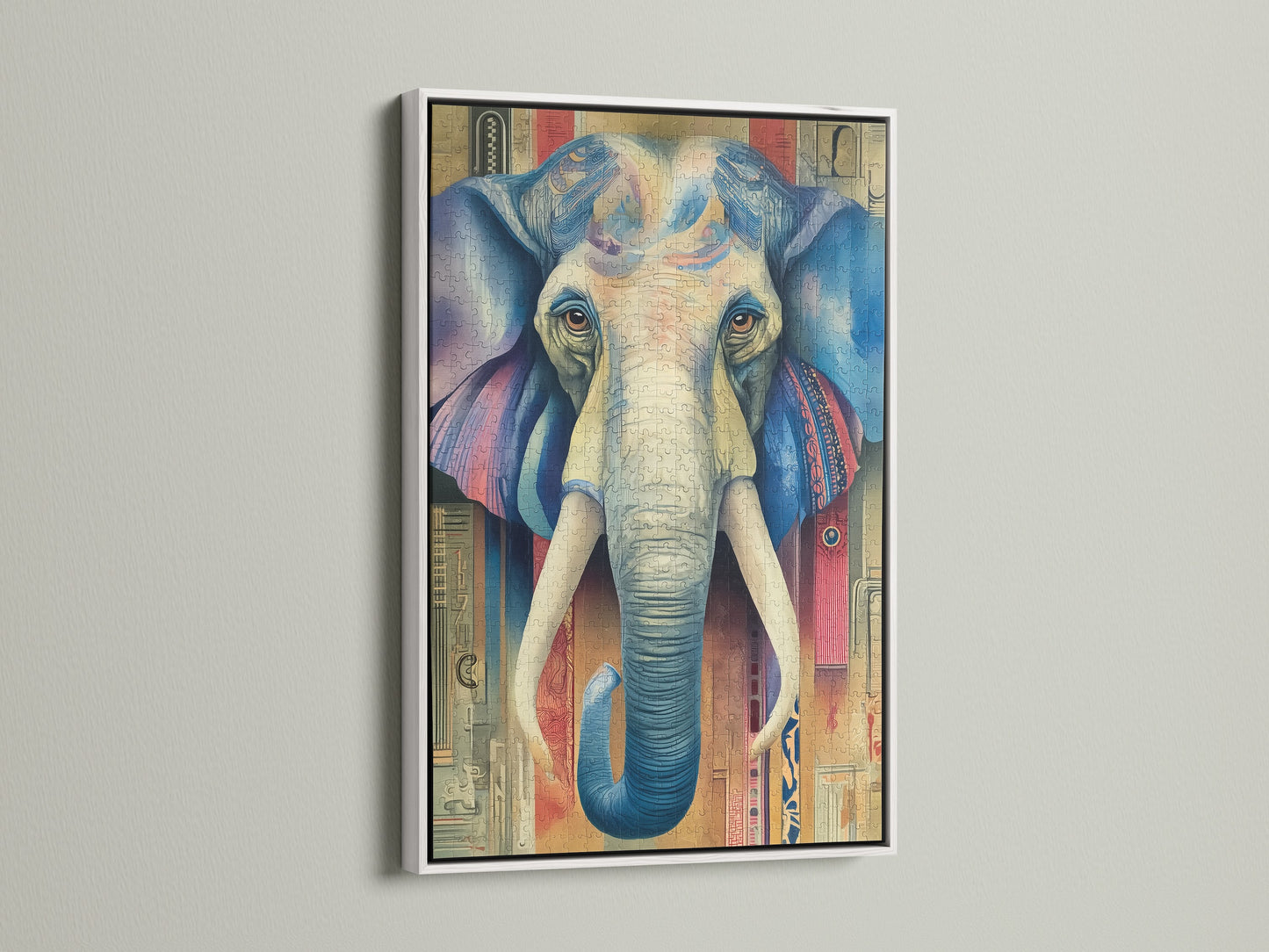 An elephant artwork framed in a clean white frame. The frame enhances its bohemian style. This piece fits seamlessly into minimalist or contemporary settings. Its vibrant colors and vintage appeal make it a captivating addition. Shop now for unique boho home art. It is perfect for renters seeking eclectic wall decor.