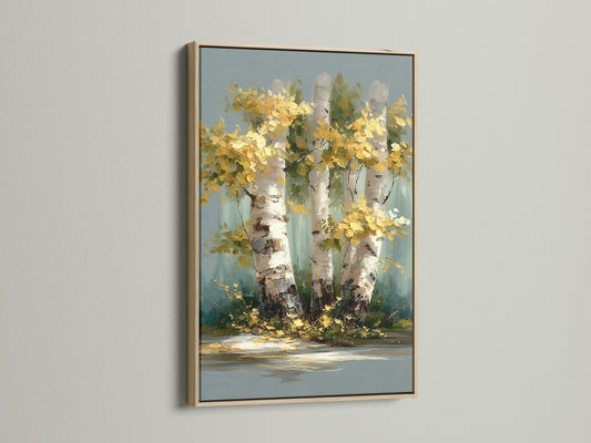Birch Tree Canvas Print with an oak frame. The artwork brings the beauty of autumn indoors. It features birch trees and golden foliage. Ideal forest canvas for living rooms or hallways.