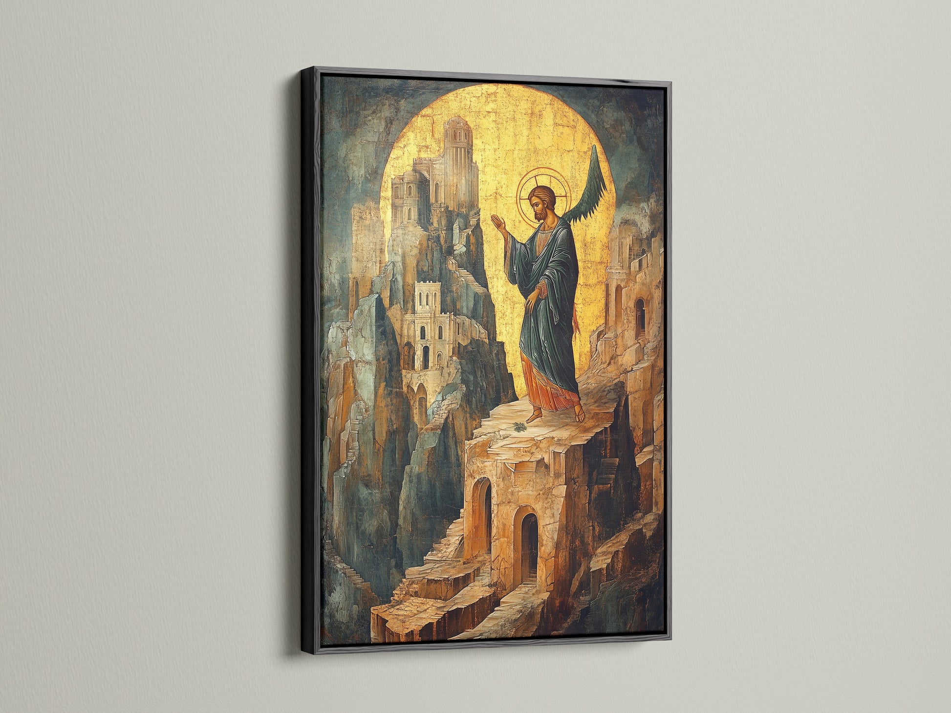 The Byzantine Angel Art Print is displayed in a black frame. This religious artwork is shown in a home. Black frames offer a sleek and modern design. The Orthodox Christian Canvas Print is an ideal piece of spiritual wall art.