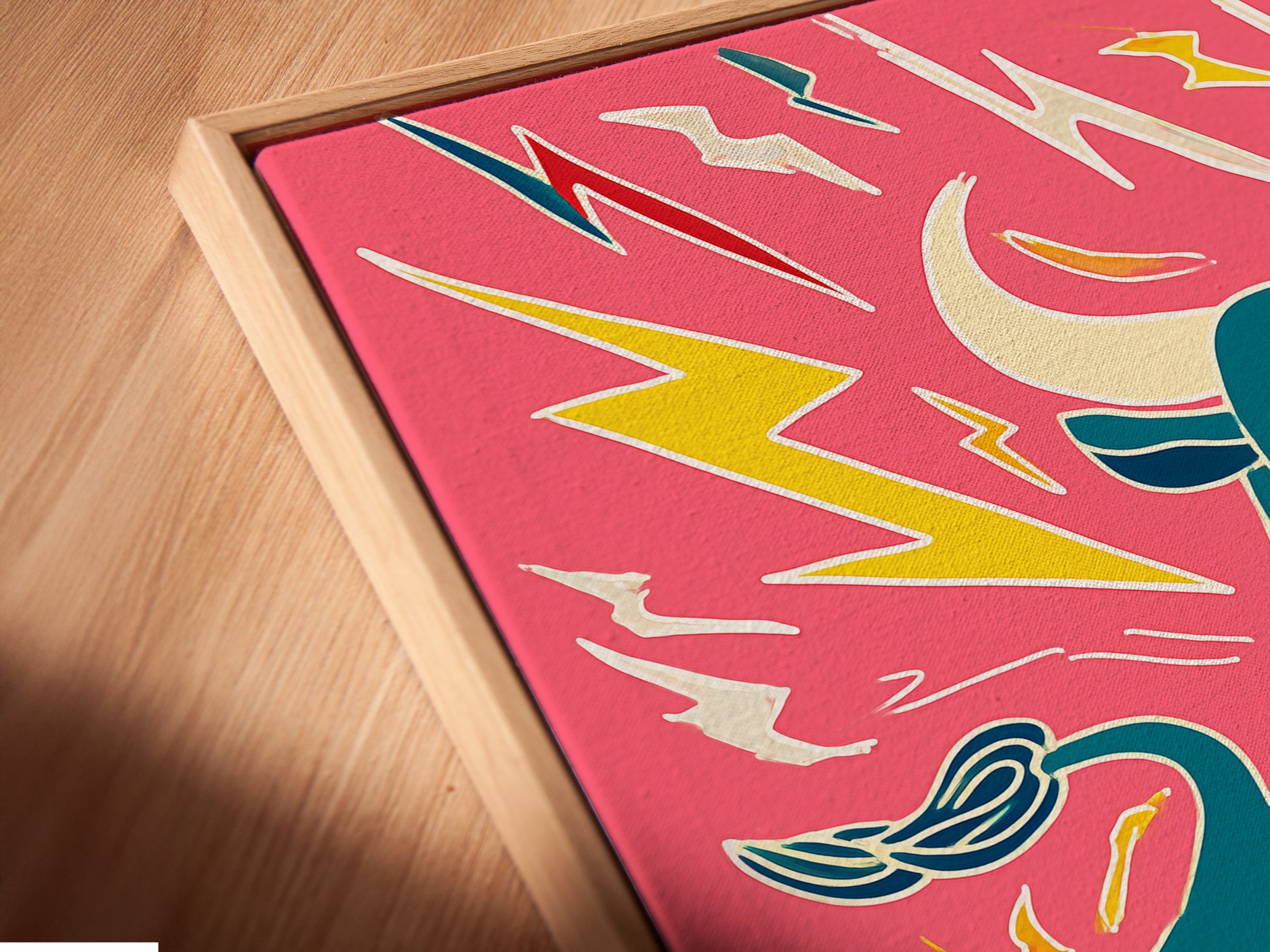 Close-up of a canvas print in a floating frame. The bull artwork features a colorful animal. It's a pop art print style. The floating frame enhances the artwork. Add this statement piece to your home decor today.