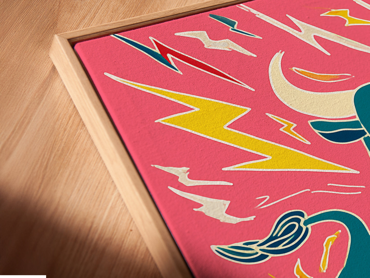 Close-up of a canvas print in a floating frame. The bull artwork features a colorful animal. It's a pop art print style. The floating frame enhances the artwork. Add this statement piece to your home decor today.