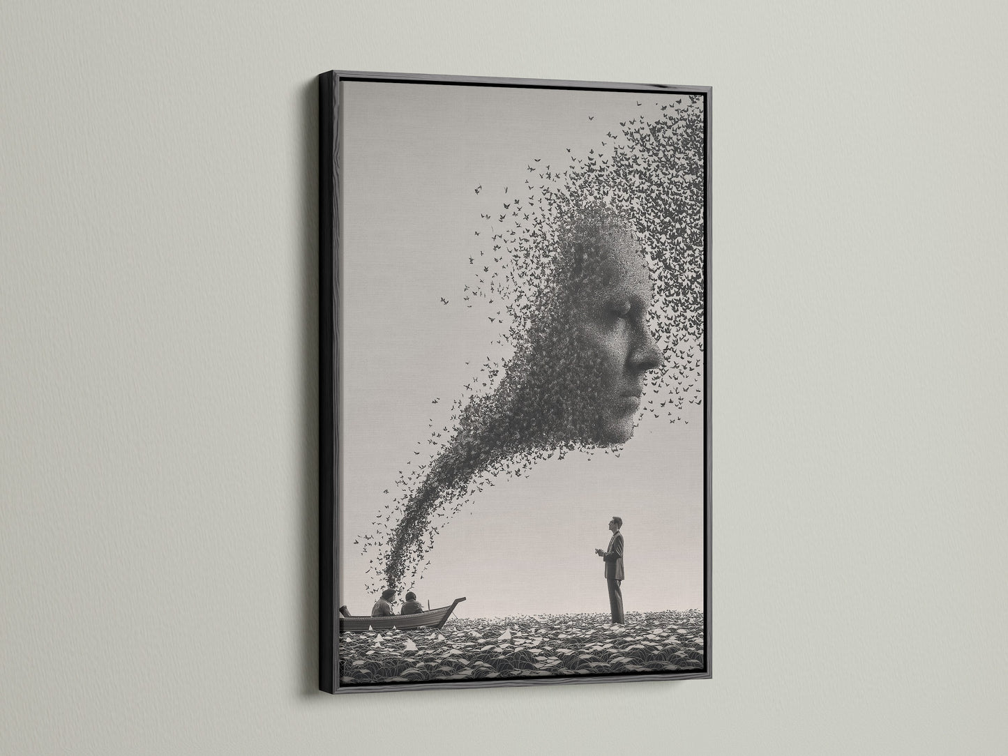 Artwork with a black frame on a white wall. The art features a man on a beach. A face made of birds is also featured. The black frame adds a bold and classic touch. It makes the artwork stand out. Perfect for creating a focal point in your space. Check out our black frame options.