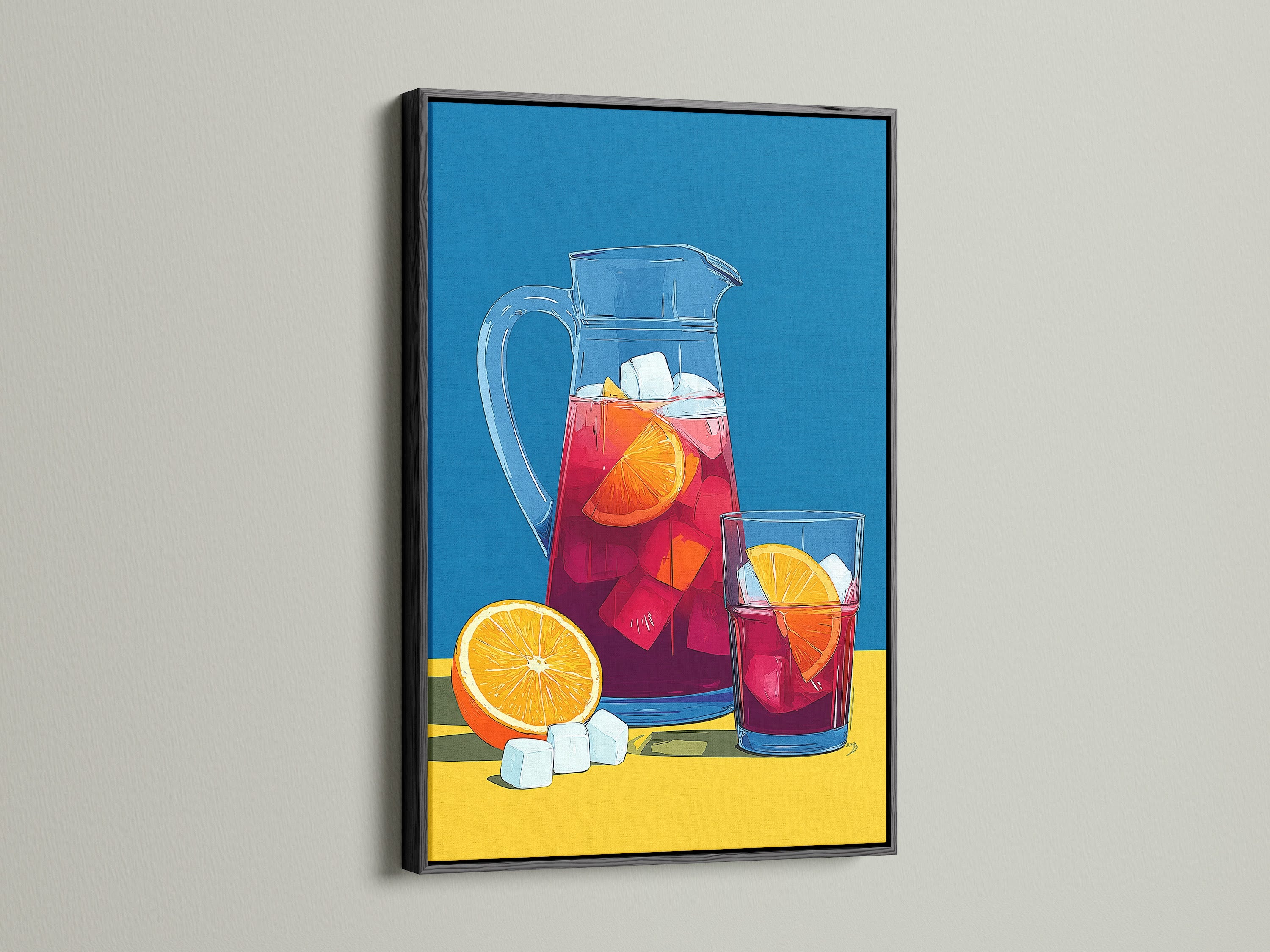 Sangria Pitcher artwork in a black frame. The black frame makes the colors pop. This is ideal for bar wall decor. It suits contemporary style spaces. The artwork includes a pitcher and glass. It brings a modern touch.