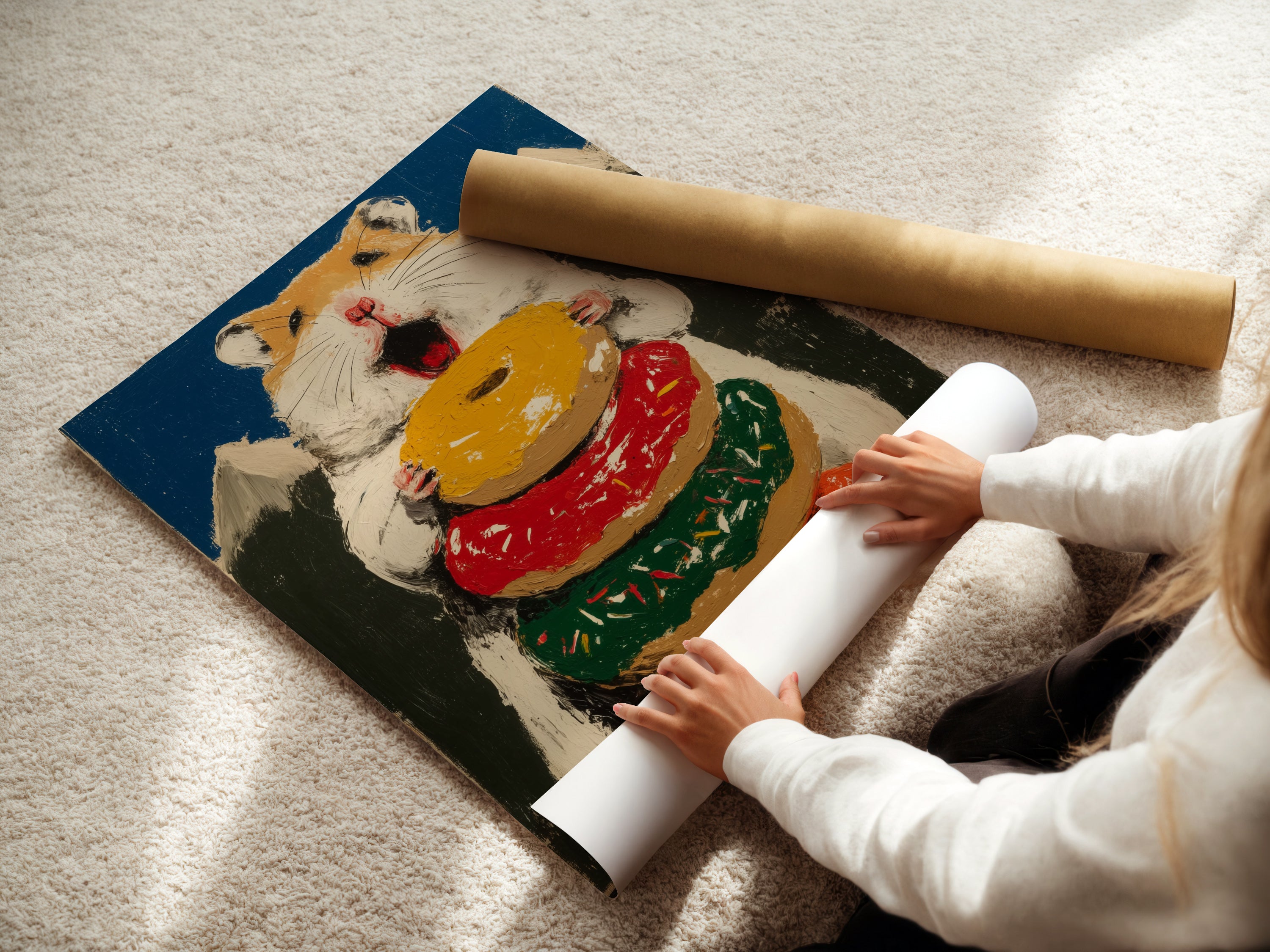 A woman is carefully rolling a fine art poster paper print of the Hamster Donut artwork. This art is perfect for a kitchen or bakery. The artwork features a cute hamster holding a stack of colorful donuts. This is a fun and quirky piece of art.