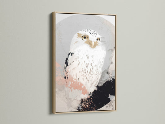 Discover the white owl artwork framed in oak. This neutral tone animal print is perfect for a cozy reading nook. The oak frame enhances the modern animal art. Ideal wall decor for your home office. Shop now for unique bird art prints. Find the perfect piece for your space.