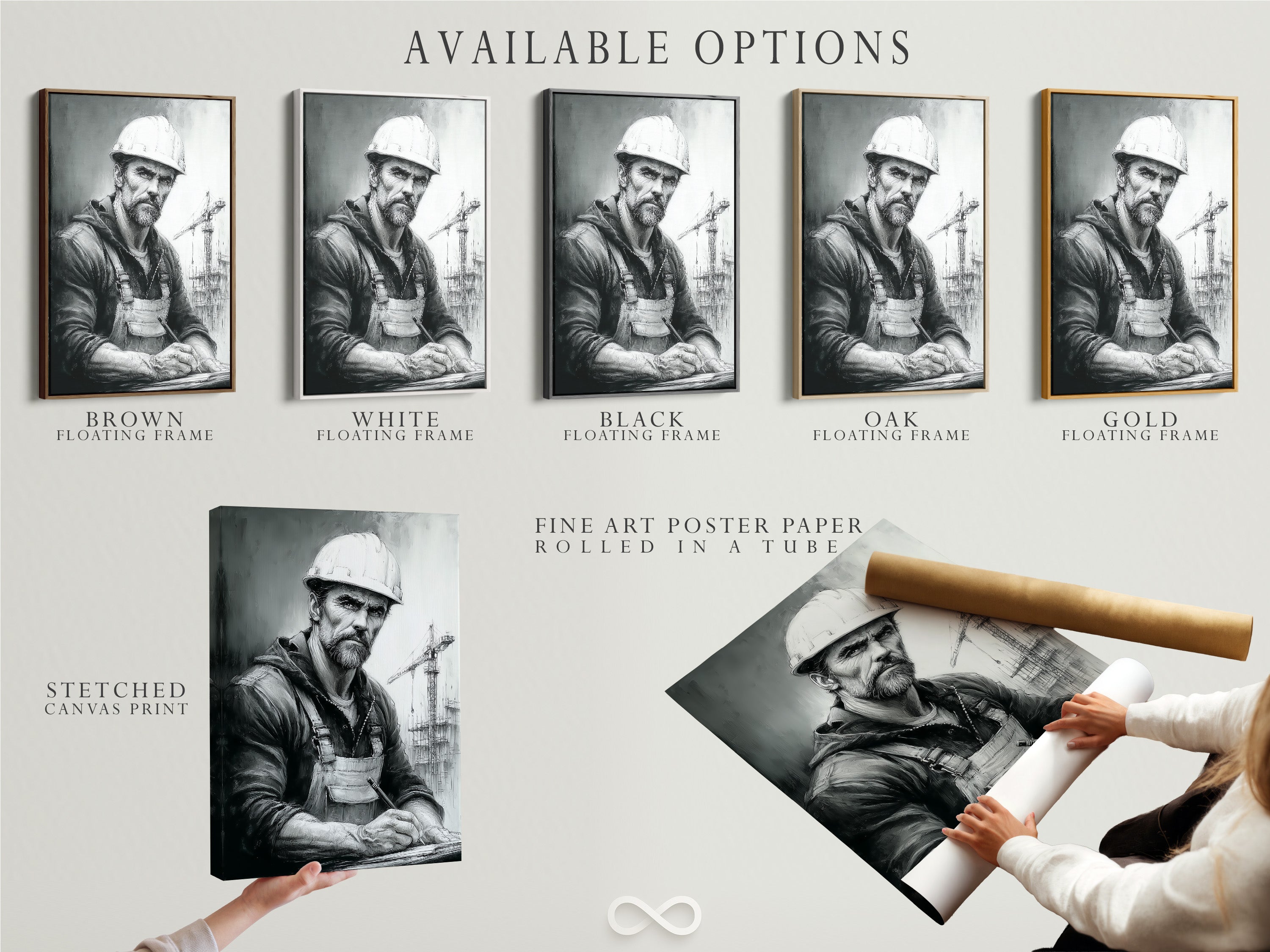 Explore the available options for this construction worker art. Choose between a stretched canvas print a fine art poster paper or a floating frame. Each option offers a unique way to display this industrial portrait. Enhance your space with the perfect choice.