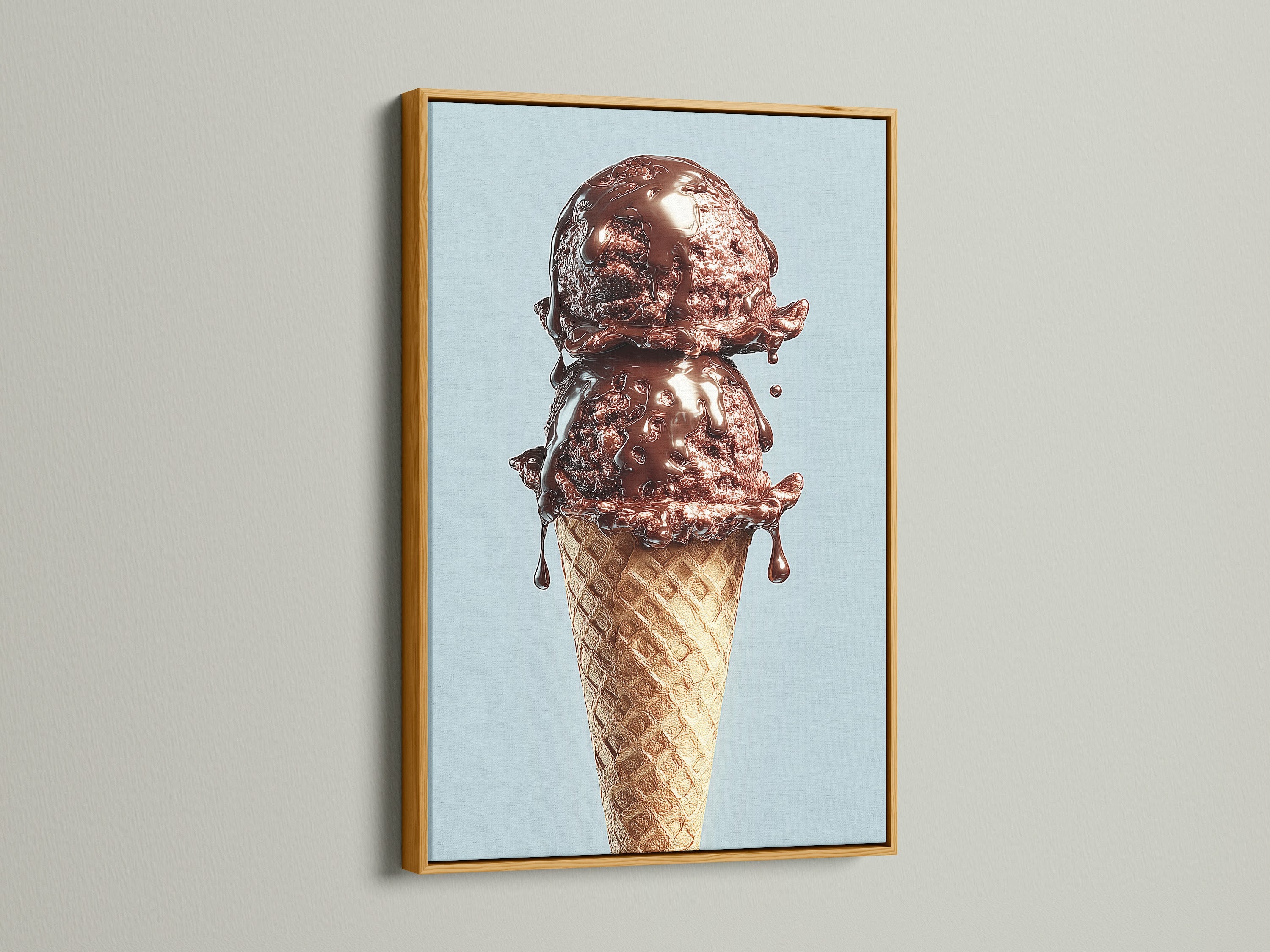 A gold frame accentuates a chocolate ice cream cone artwork. The artwork is displayed on a white wall. The gold frame brings a touch of luxury and elegance. This frame enhances the artwork's appeal. Elevate your home decor with this stunning piece.