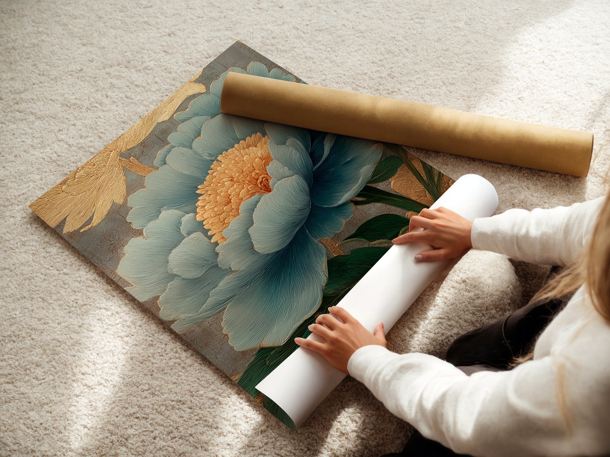 A woman is carefully rolling a fine art poster paper. She is ensuring it remains pristine. This highlights the care in handling art. The poster paper is high-quality. It is ideal for professional displays. A delicate process for art preservation.