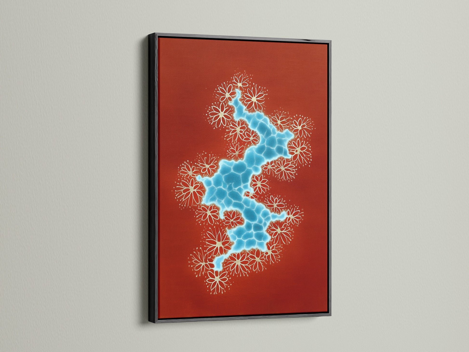Abstract River artwork with a terracotta and blue color palette. The artwork is displayed in a black frame. This modern botanical artwork adds a touch of nature and sophistication to any space. Great for entryway art.