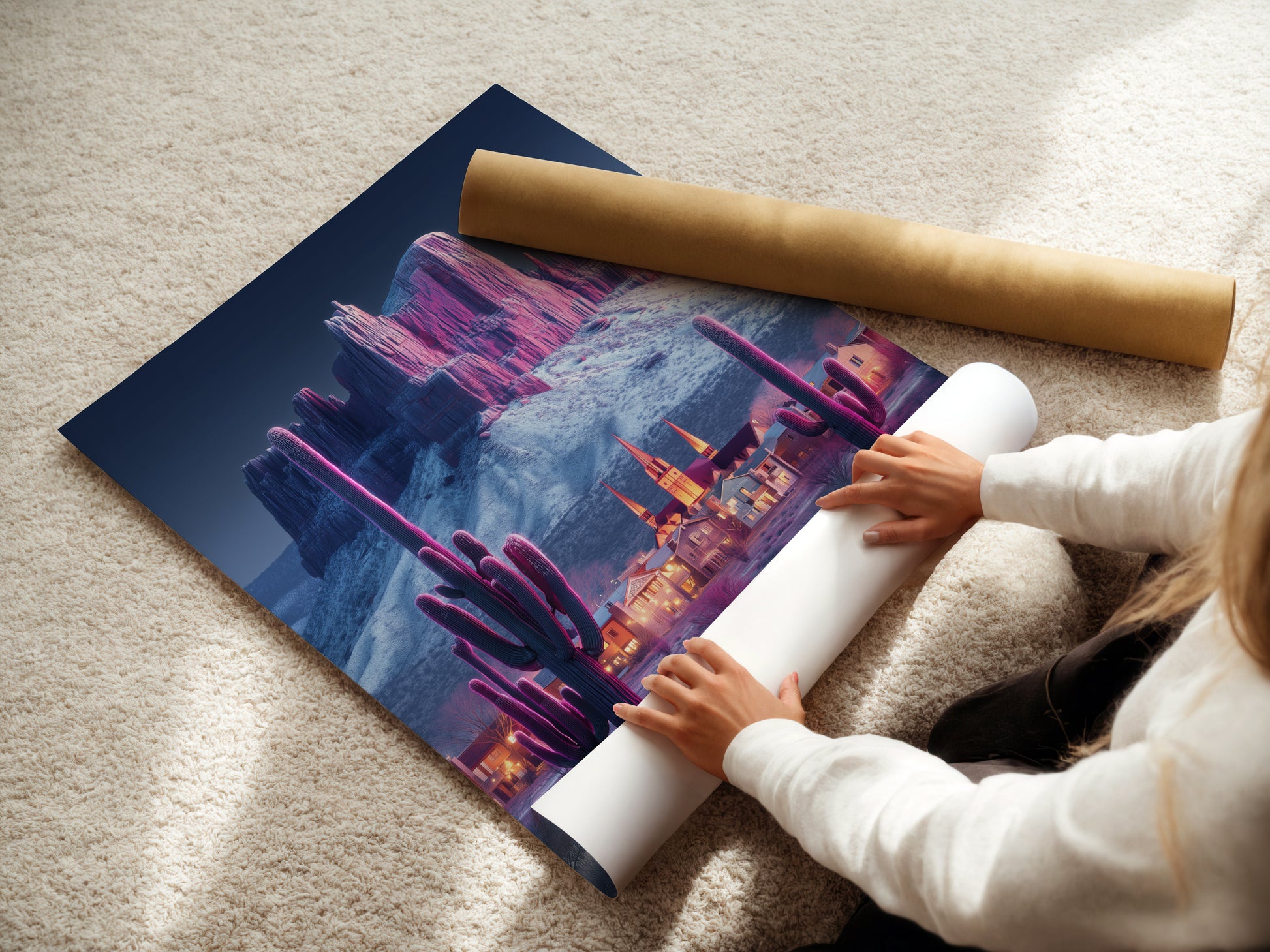 A woman is carefully rolling fine art poster paper. The paper features a desert mountain canvas print. This high quality print captures the beauty of the Southwestern landscape. It is perfect for art enthusiasts and collectors.