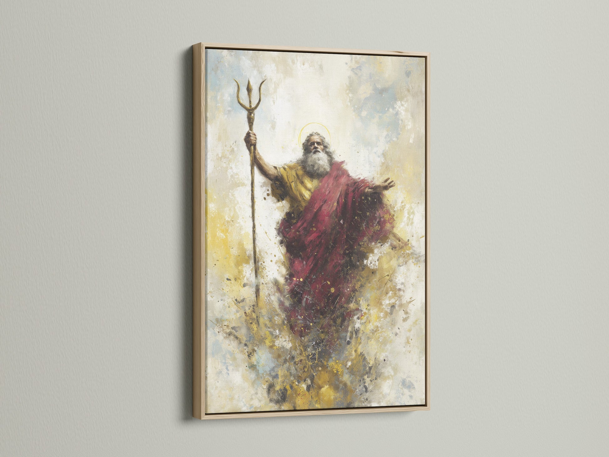 An artwork is displayed in an oak frame. The oak frame enhances the artwork's beauty. The natural wood grain adds warmth to the piece. The framing is a perfect choice for classic art.