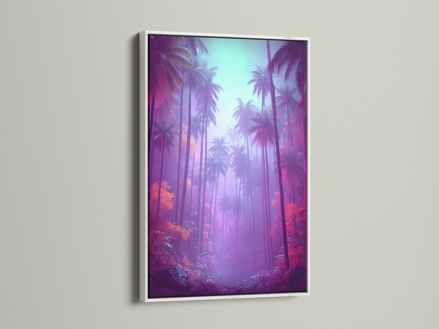 Tropical palm tree artwork in a white frame. The contrast of the colorful art and the white frame makes this piece pop. Ideal for minimalist or eclectic styles. A perfect piece.
