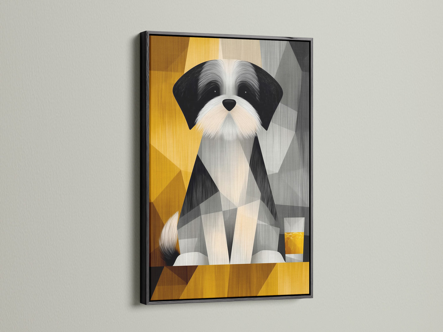 A sleek black frame houses a modern geometric dog portrait. This monochrome art piece stands out. The pet canvas print offers a sophisticated touch to any space. The black frame adds contrast and elegance. It makes the abstract dog art even more striking. Perfect for minimalist print enthusiasts.