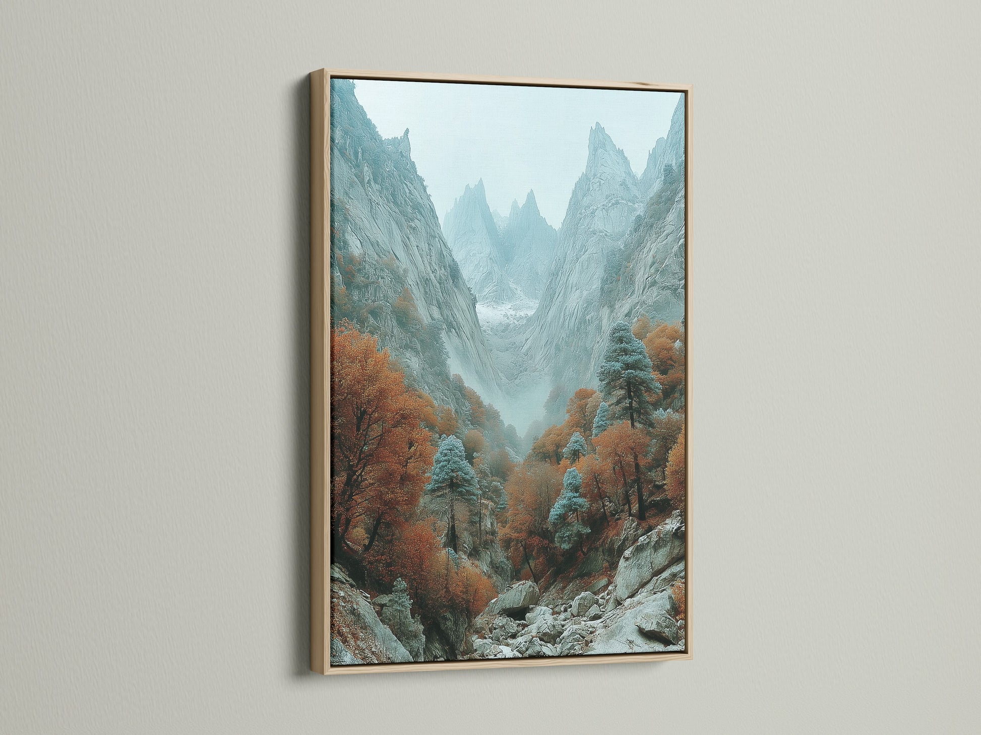 Mountain valley artwork displayed in an oak frame. The misty canyon nature photography brings a touch of the outdoors inside. The autumn landscape is perfect for rustic or lodge-style decor. The warm tones enhance any room.