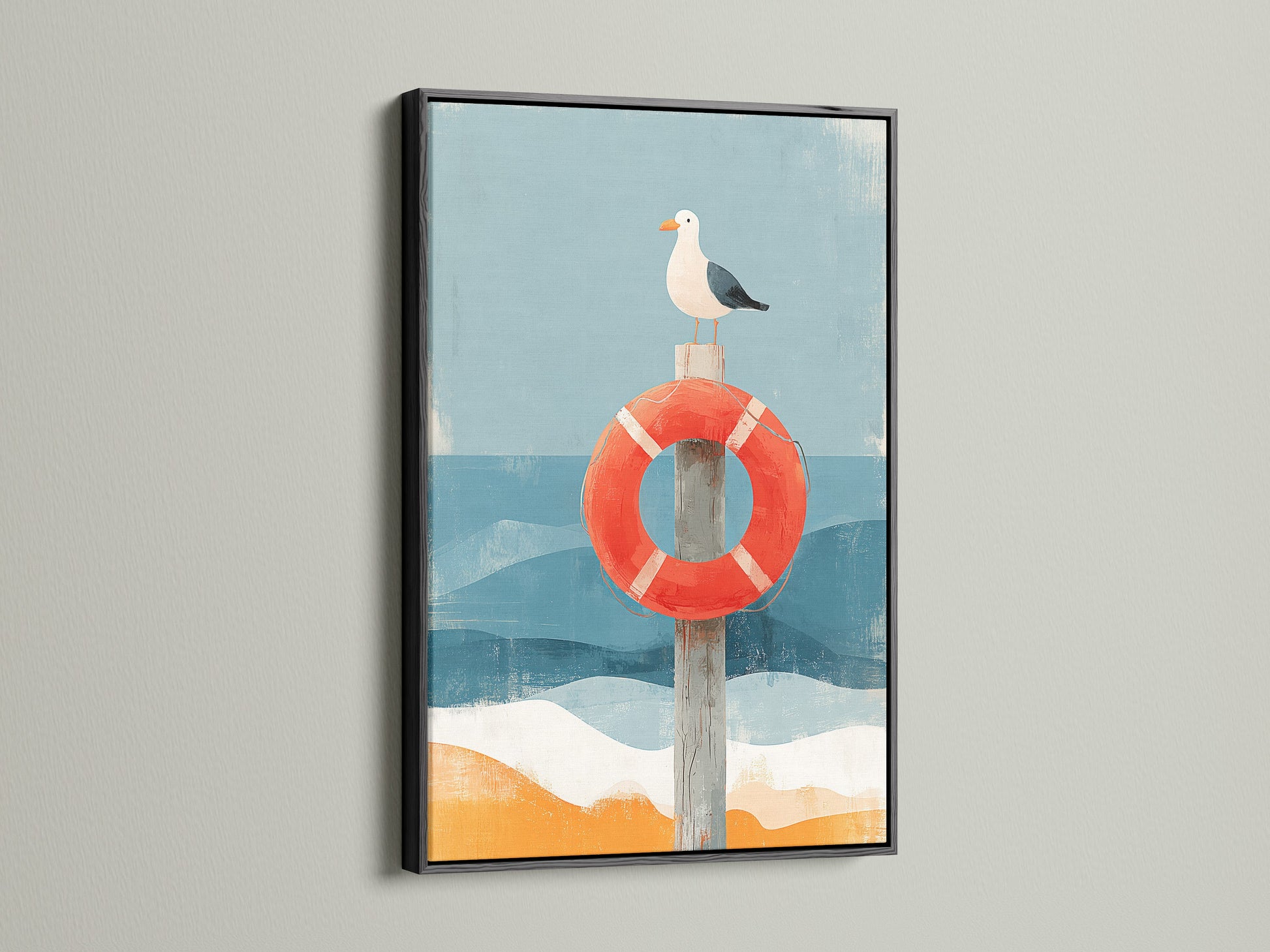 Artwork featuring a seagull perched on a red life preserver. The art is framed in a black wooden frame. The artwork has a coastal nautical theme. The black frame gives it a contemporary look.