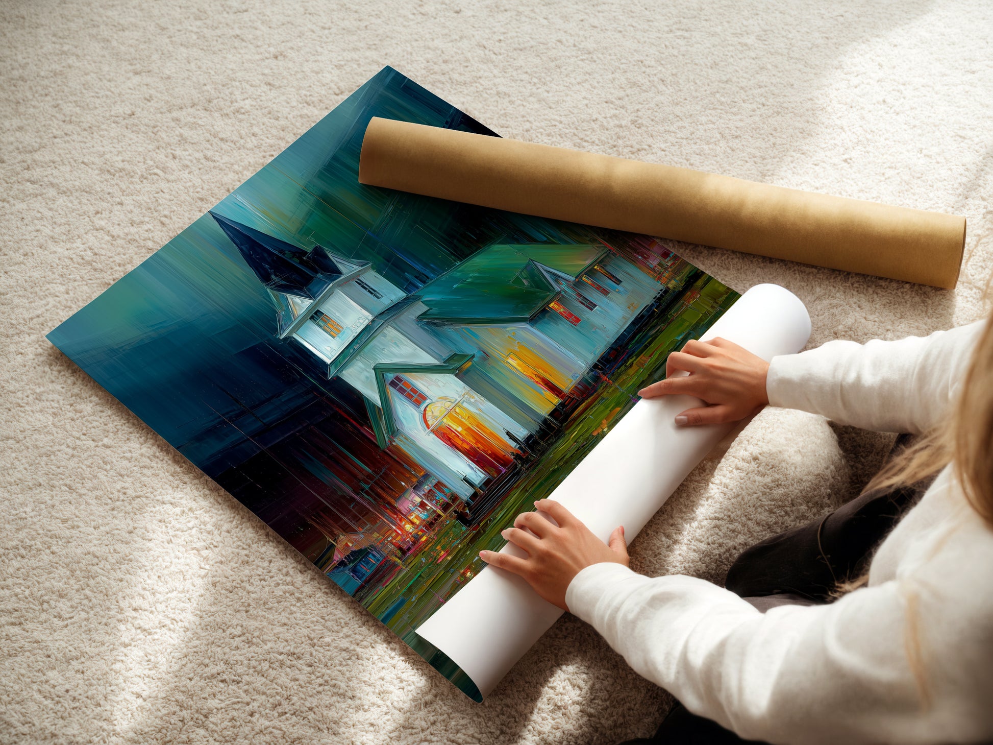 A woman carefully rolls a fine art poster paper of the Church at Night artwork. Ensuring the spiritual art is pristine and ready for display. This high-quality print captures the vivid colors of the impressionist piece. Perfect for adding a touch of modern elegance to any space. Explore this calming wall art.