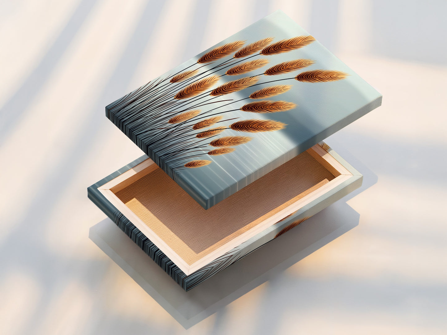 The image shows a stretched canvas print of pampas grass artwork. This highlights the texture and depth of the canvas. This is ideal for creating a gallery-style display. The neutral wall art enhances any living space or bedroom.