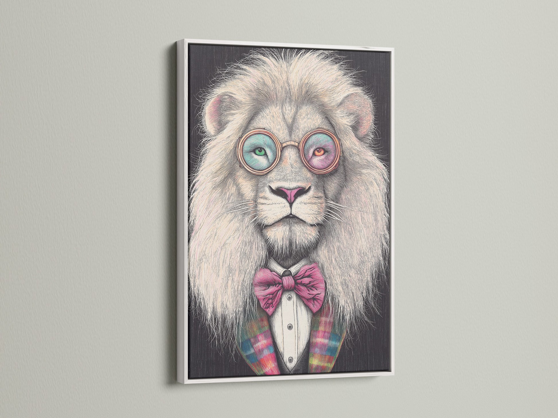 This image displays a hipster lion art print. The quirky animal artwork has glasses and a bow tie. This artwork is displayed in a white frame. It is a great choice for contemporary spaces.