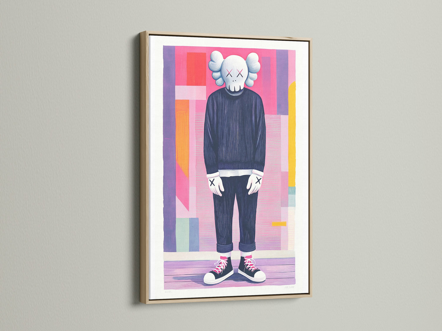 The artwork features a human-like figure with a skull head. It is encased in an oak frame. The frame's warm tones enhance the artwork's colors. The artwork is mounted on a white wall. The oak frame adds a touch of rustic elegance to the modern artwork.