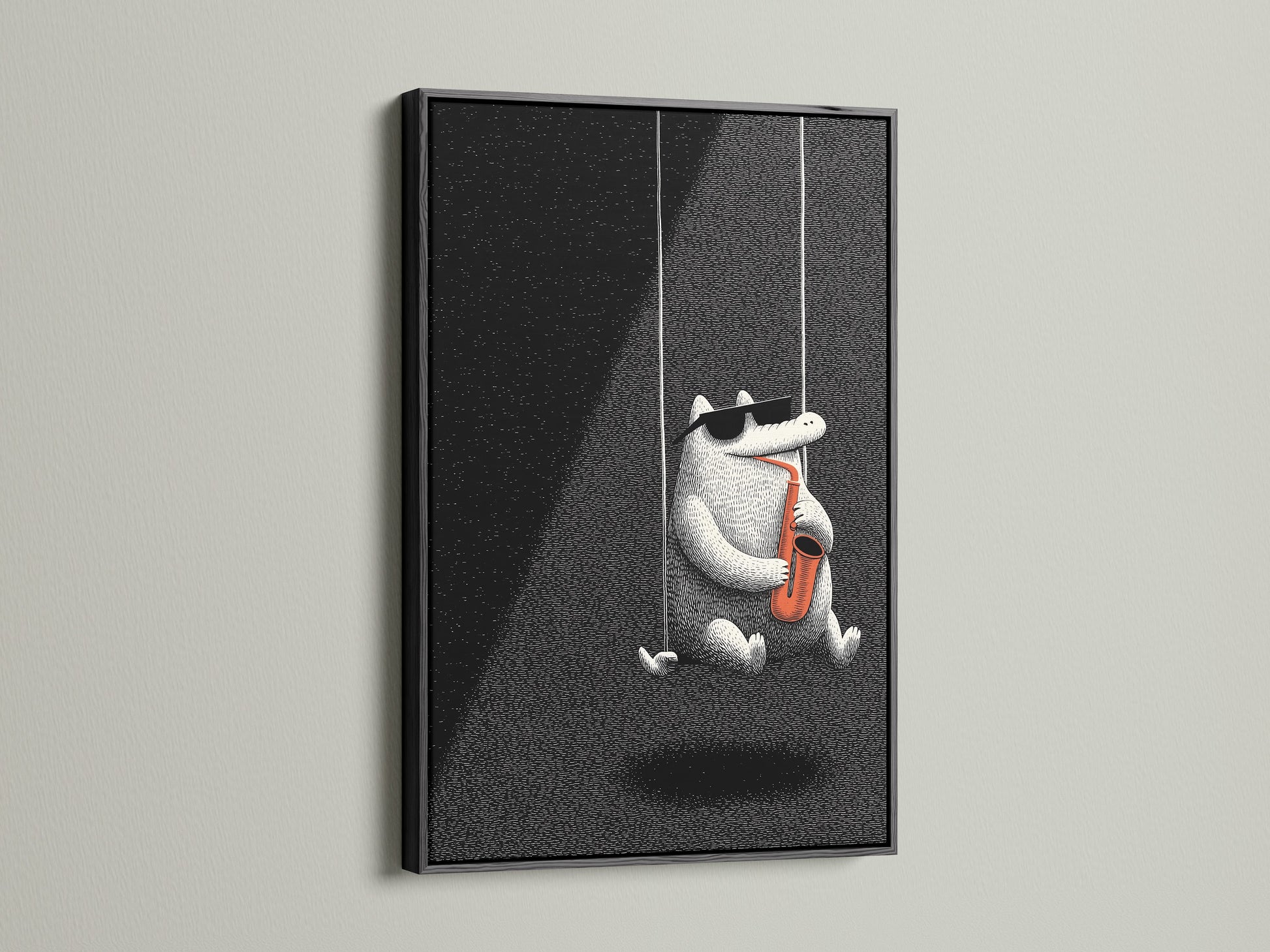 A framed artwork featuring a cartoon alligator playing a saxophone. The frame is black. This artwork is displayed on a white wall. A black frame adds a touch of sophistication to any art piece.