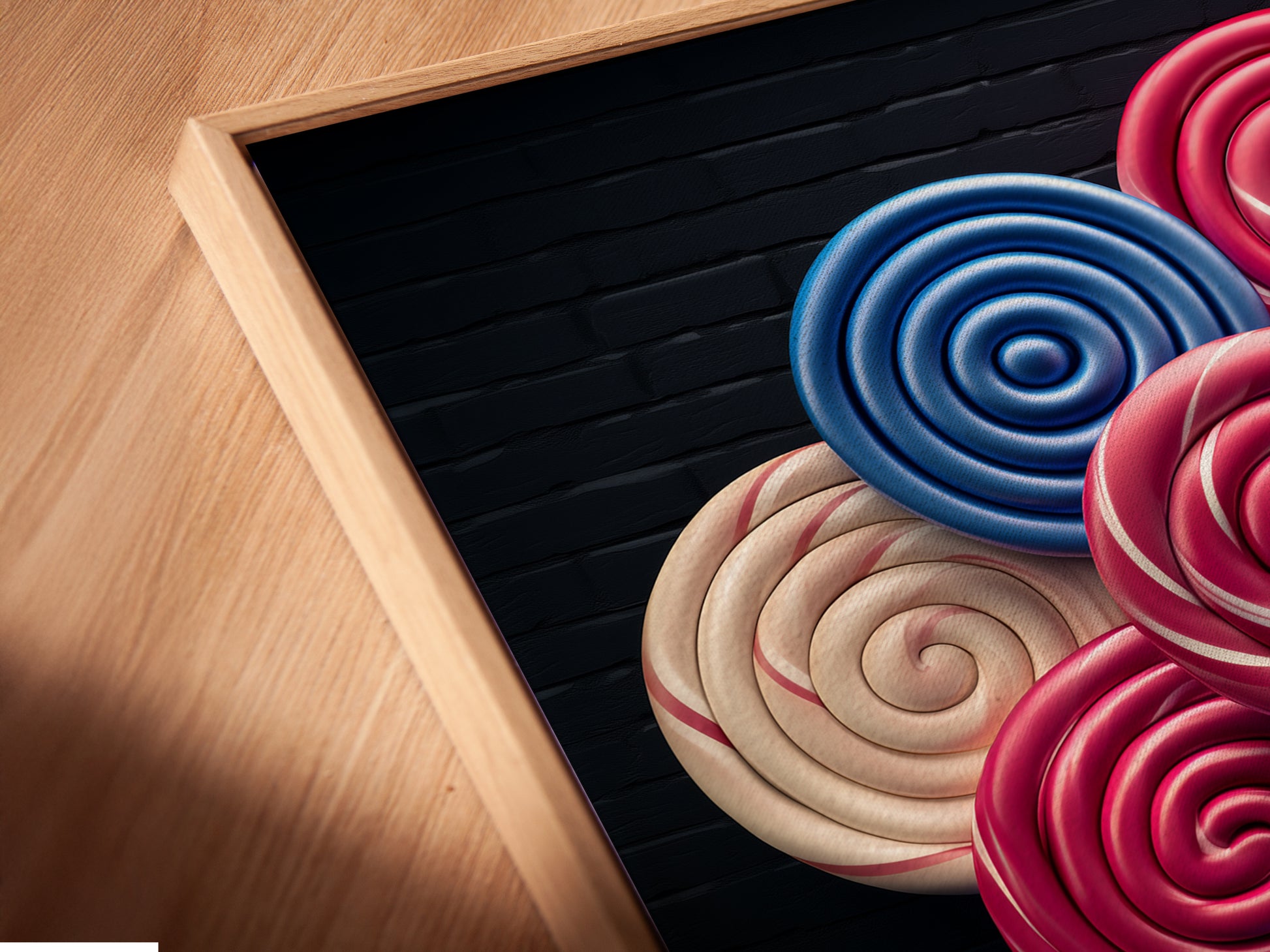 Close-up of a Lollipop Candy Canvas Print in a Floating Frame. The pink and blue art pops. It creates a modern and playful look. The floating frame enhances the artwork. This colorful art is perfect for a playroom.