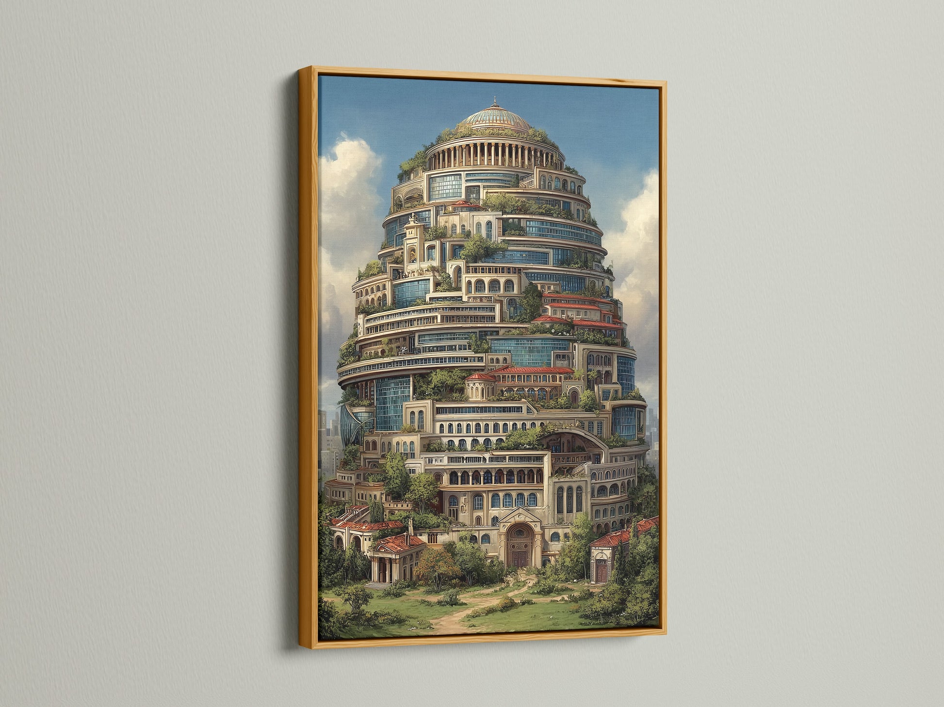 Fantasy Architecture Print elegantly displayed in a gold frame. The surreal architecture creates a luxurious feel. This whimsical building enhances office wall decor. The primary color is brown. The secondary color is green. It is perfect as office art.