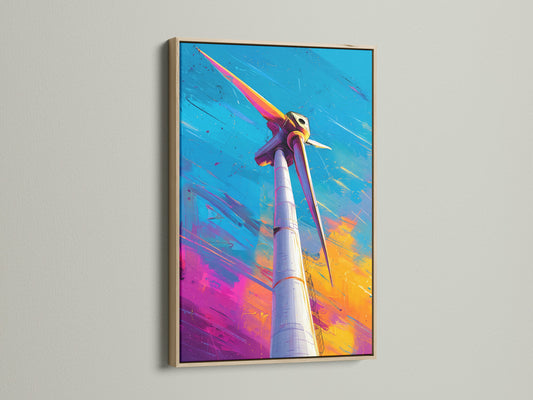 A captivating art print of a wind turbine is showcased in a natural oak frame. The frame enhances the artwork's modern aesthetic. It's displayed against a bright white wall. Elevate your space with framed art.