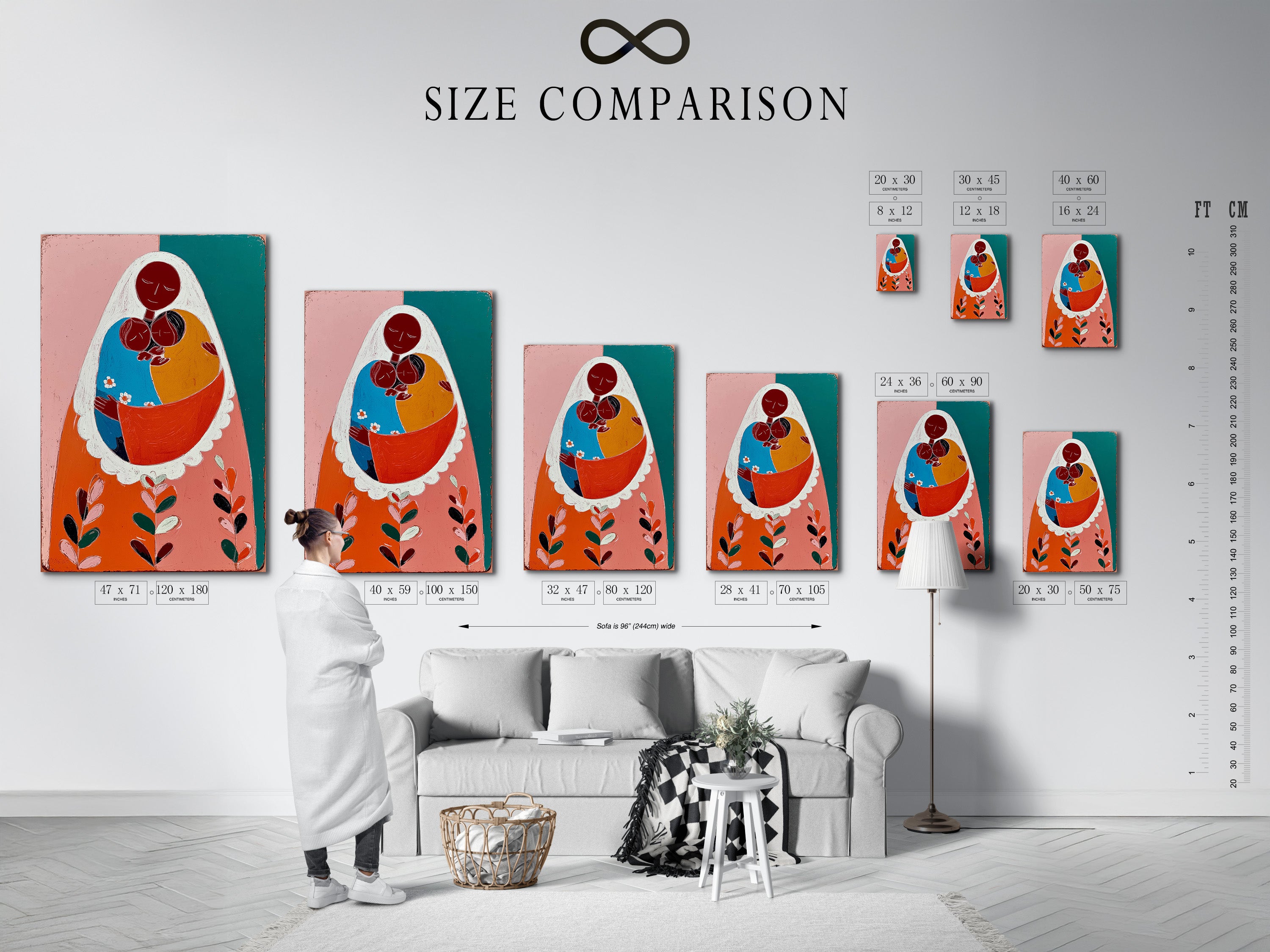 Size comparison chart displayed in an interior setting. Easily visualize the ideal size for your space. The art is a mother and two children. Find the perfect fit to enhance your home decor. Make confident choices.