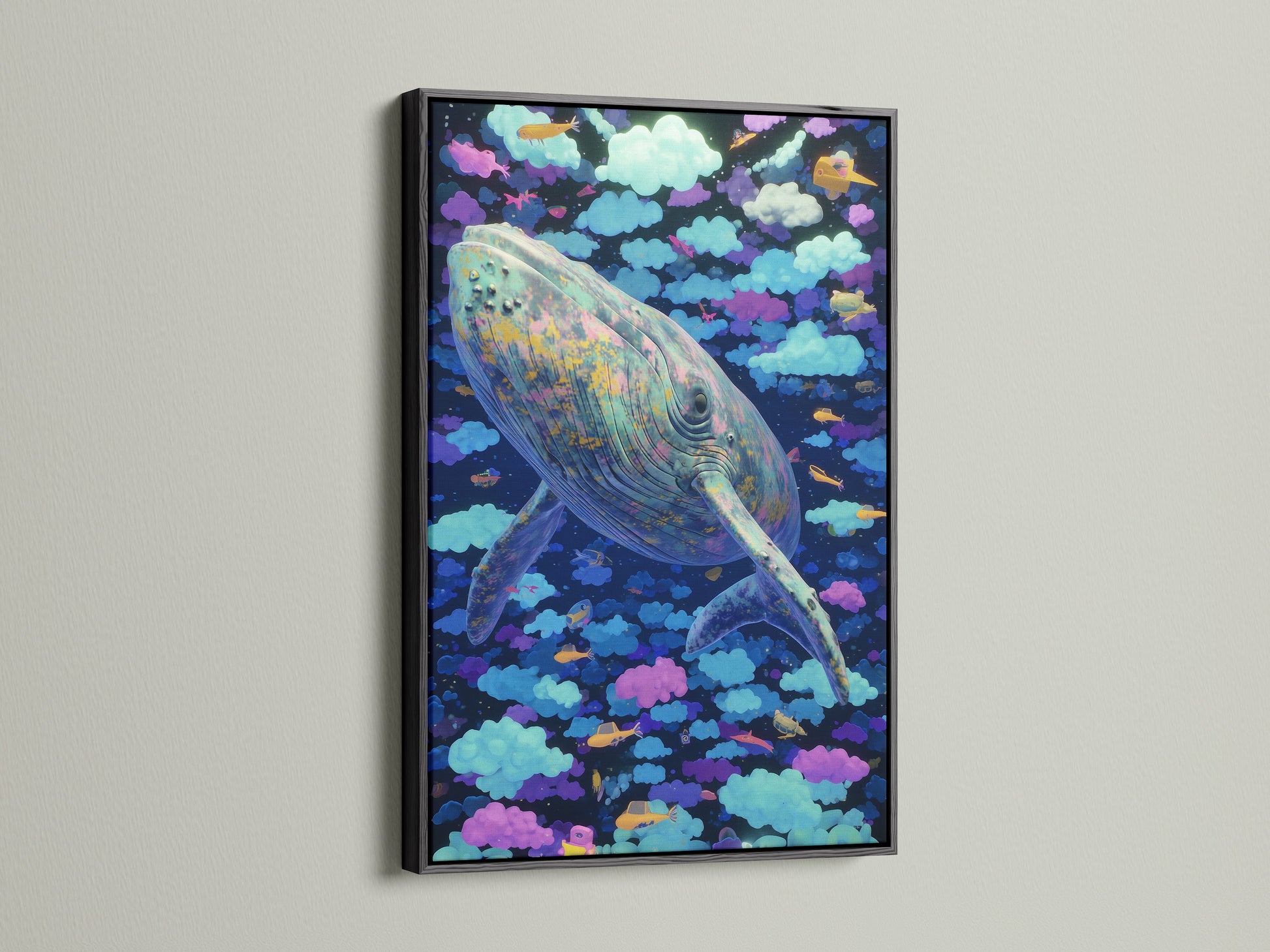 The black frame highlights the Whale Canvas Print. It's a stunning piece of surreal wall art. The dreamy cloudscape artwork is ideal for any kids room. Discover fantasy sea life prints in blue purple art.