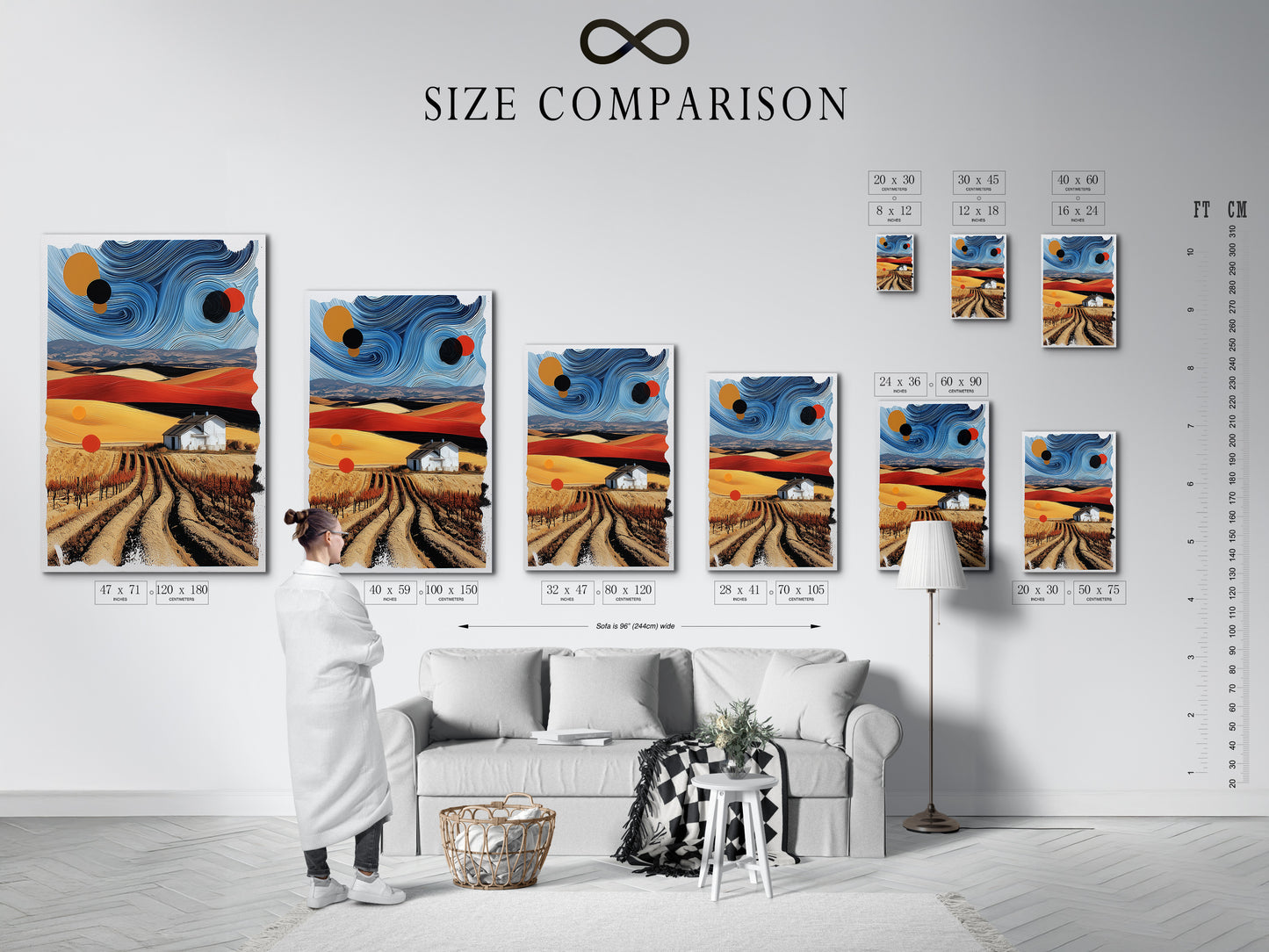 A size comparison chart is displayed in an interior setting. It shows various sizes of abstract landscape artwork. Helping you choose the perfect fit for your space. Explore the options for surreal farm art. Find the ideal contemporary country wall decor for your home or office.