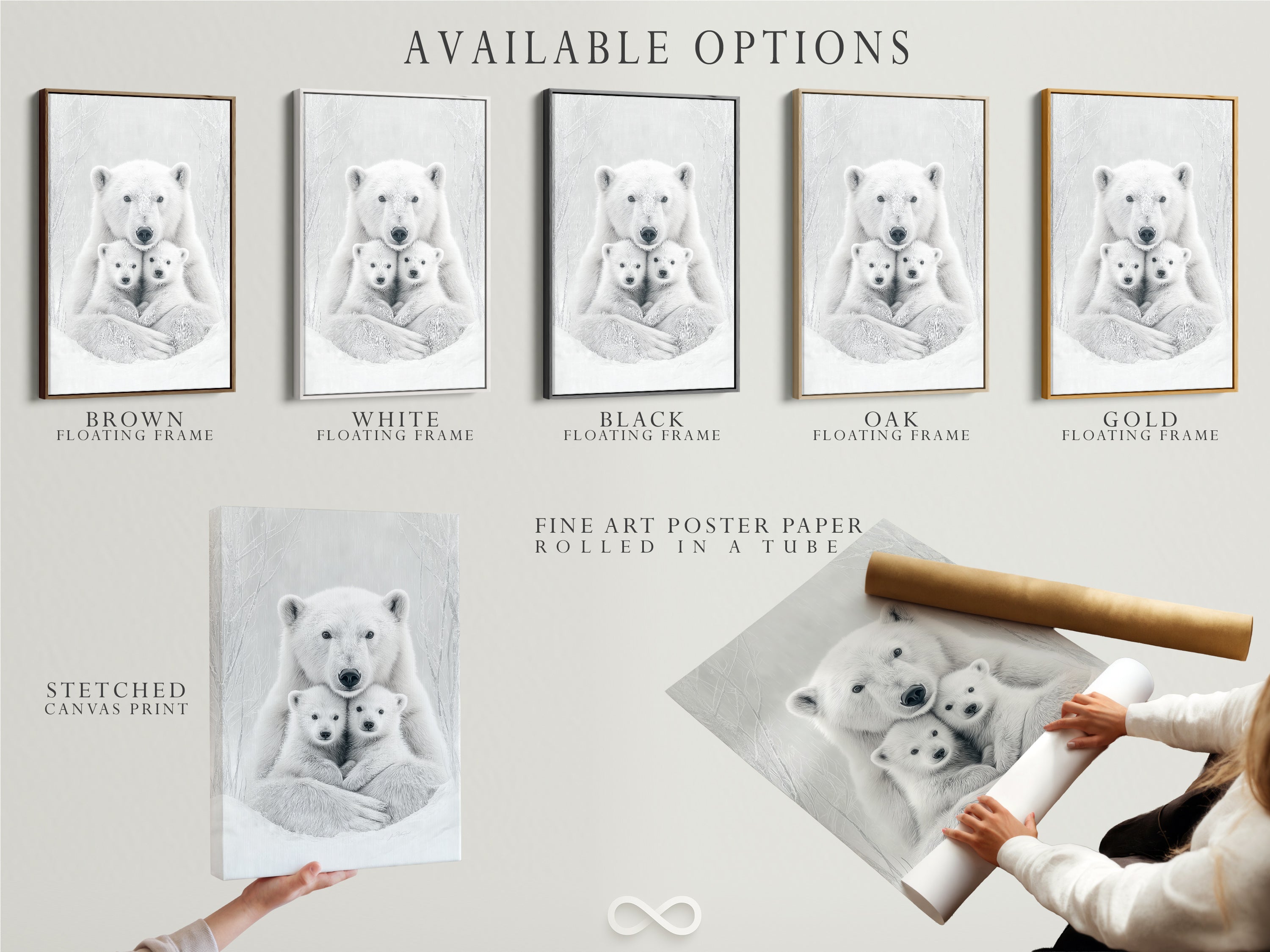 Explore available options for this polar bear family artwork. Choose between a stretched canvas print fine art poster paper or floating frame. Find the perfect monochrome art for your space.