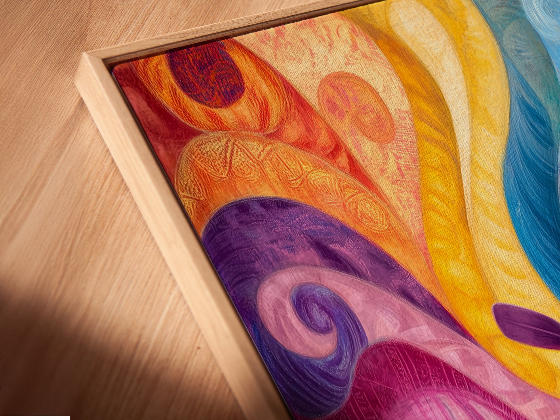Close-up angled view of a kayaking canvas print in a floating frame. The abstract river artwork appears to float adding a unique touch to your wall decor. Ideal for modern homes studios or offices.