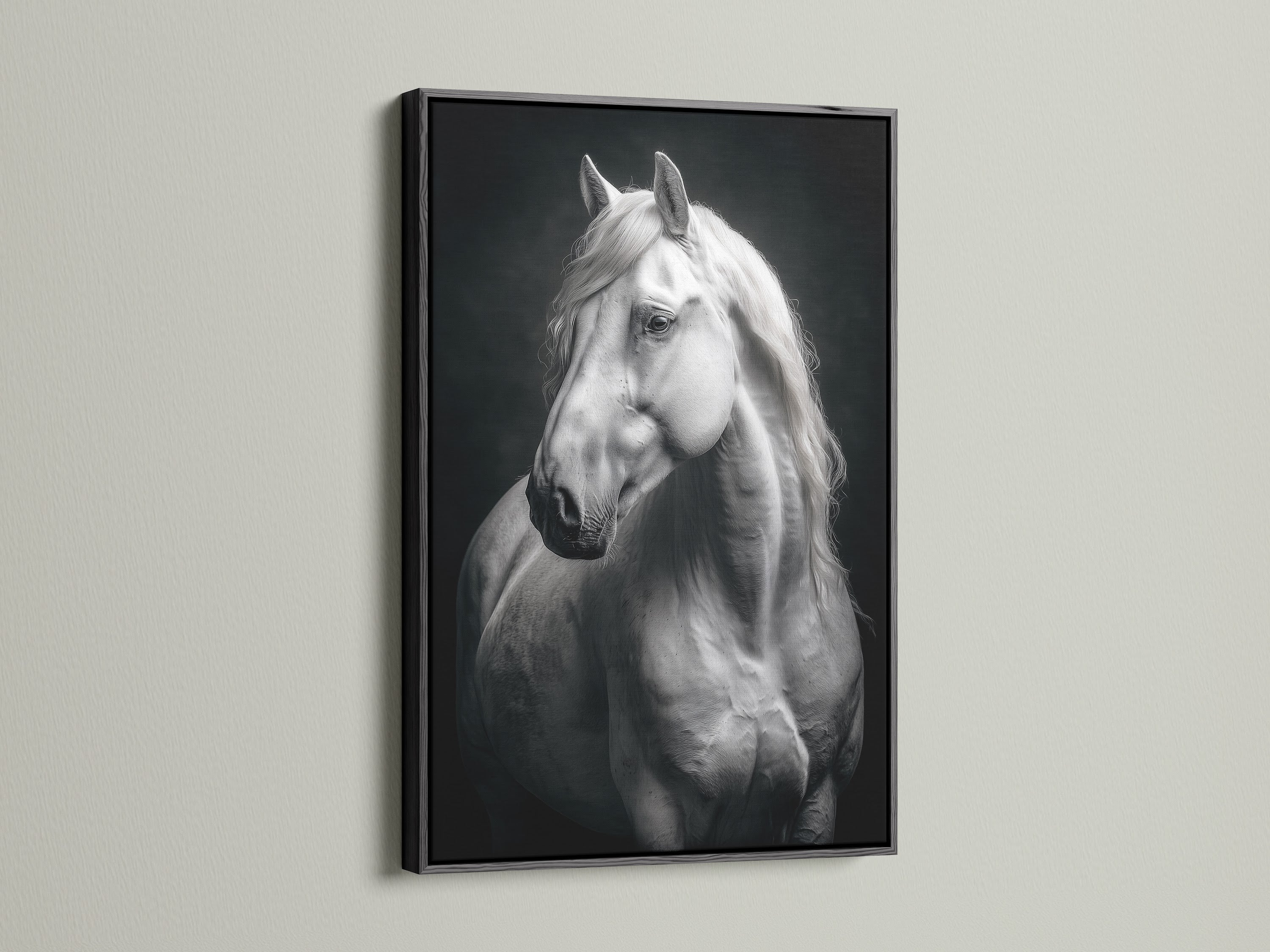 Discover the White Horse Canvas Print in a sleek black frame. This striking black and white animal wall art is perfect for modern spaces. It offers a minimalist equestrian decor touch. Ideal for office art or living room wall art. Transform your space with this artwork.